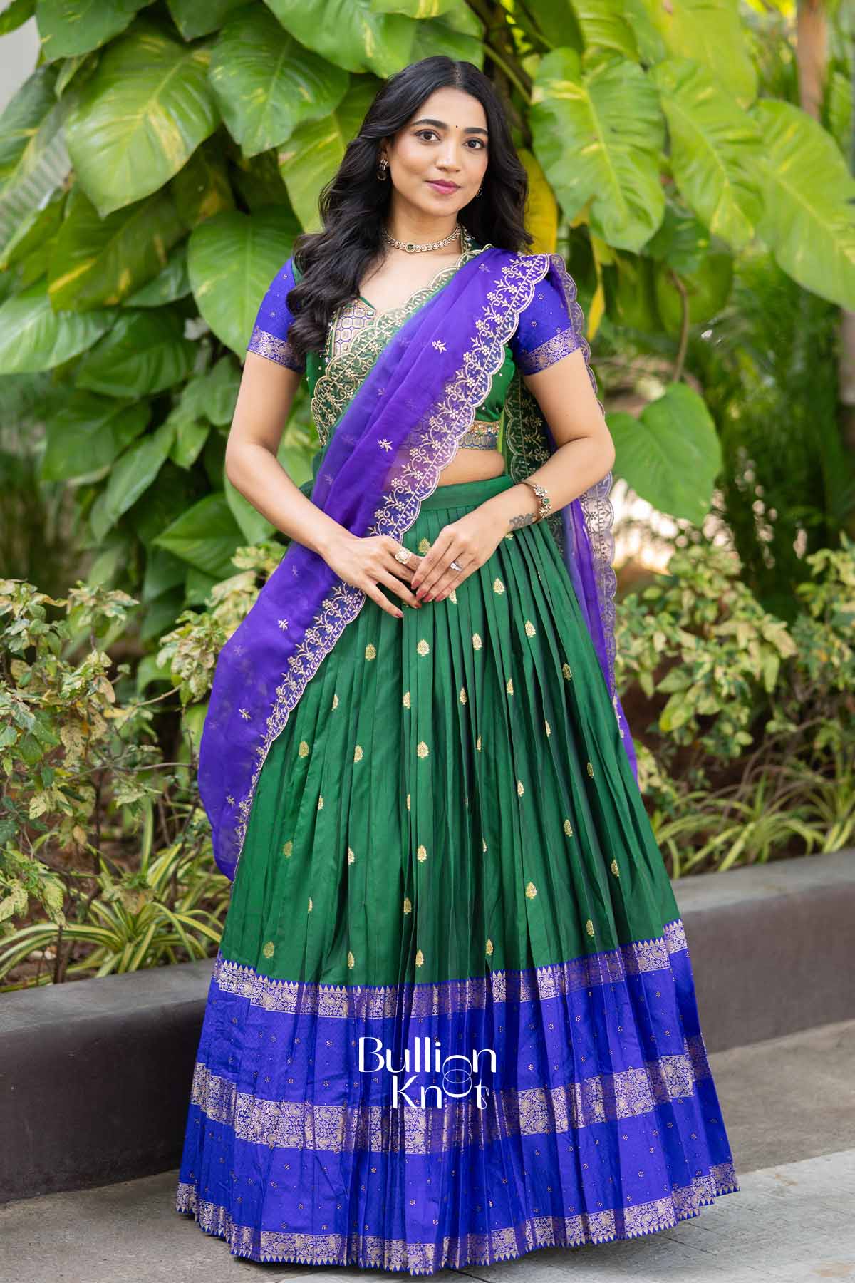 Firoza | Pure Silk Zari Weave Forest Green Half Saree Lehenga Set with Blue Dupatta