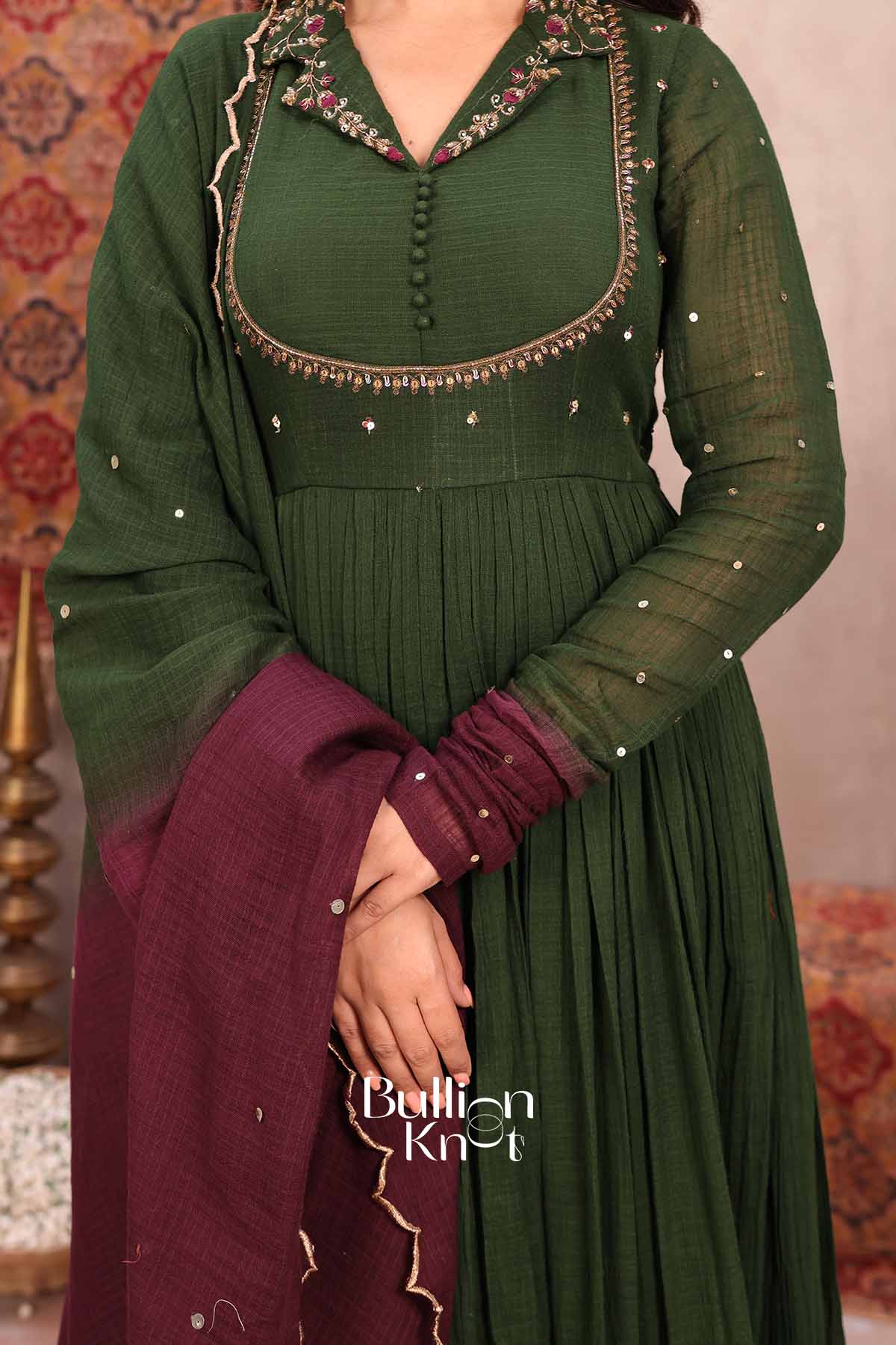 Daastan | Olive Green Handloom Cotton Anarkali Set | Timeless Ethnic Wear