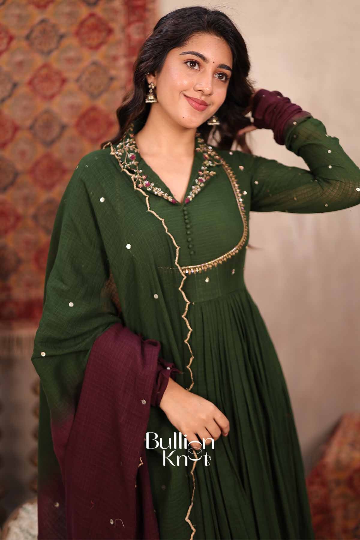 Daastan | Olive Green Handloom Cotton Anarkali Set | Timeless Ethnic Wear