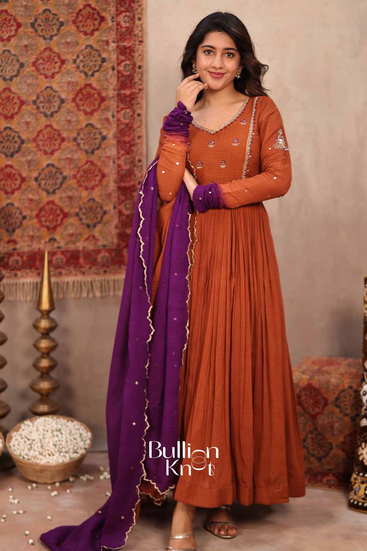 Tamra Bahar | Brown Handloom Cotton Anarkali Set | Elegant Occasion Wear