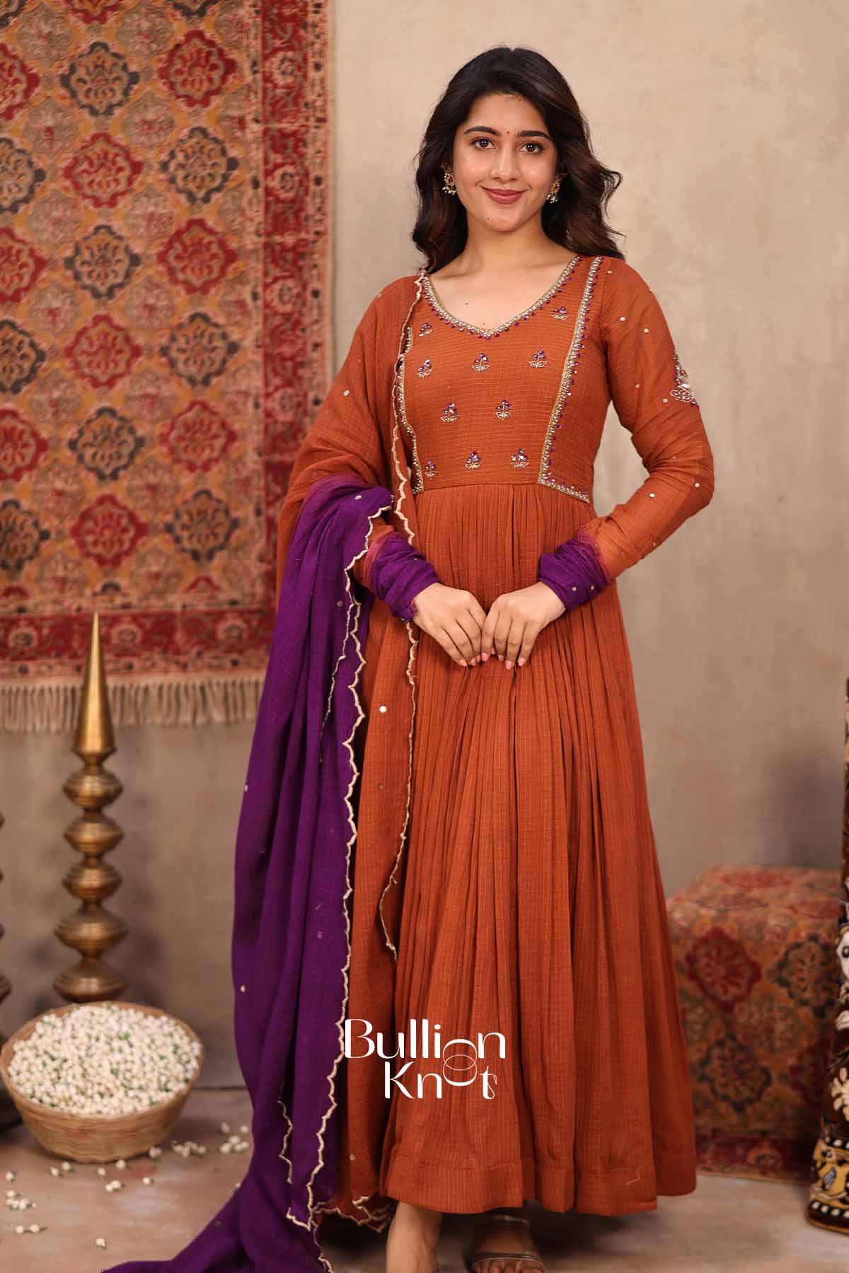 Tamra Bahar | Brown Handloom Cotton Anarkali Set | Elegant Occasion Wear