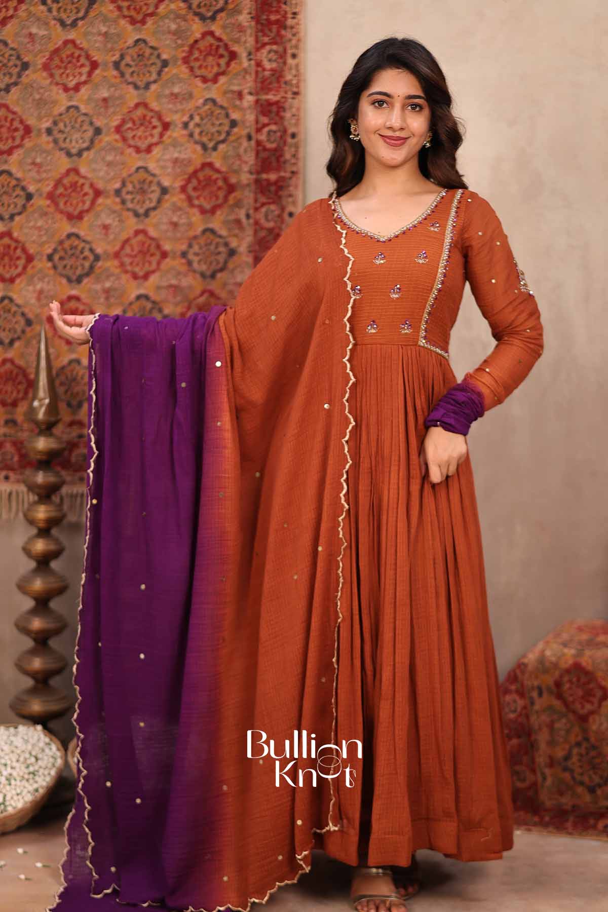 Tamra Bahar | Brown Handloom Cotton Anarkali Set | Elegant Occasion Wear