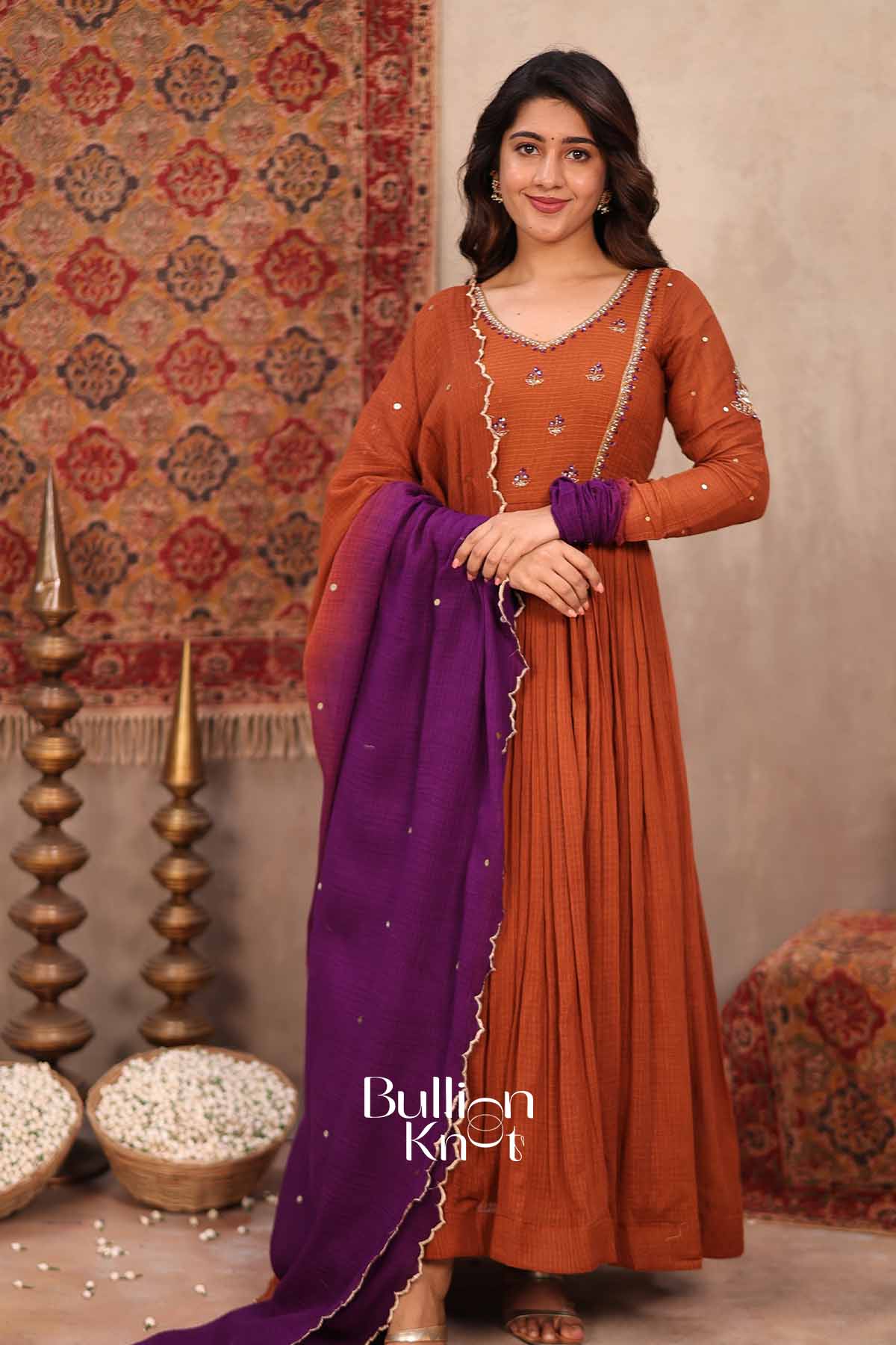 Tamra Bahar | Brown Handloom Cotton Anarkali Set | Elegant Occasion Wear