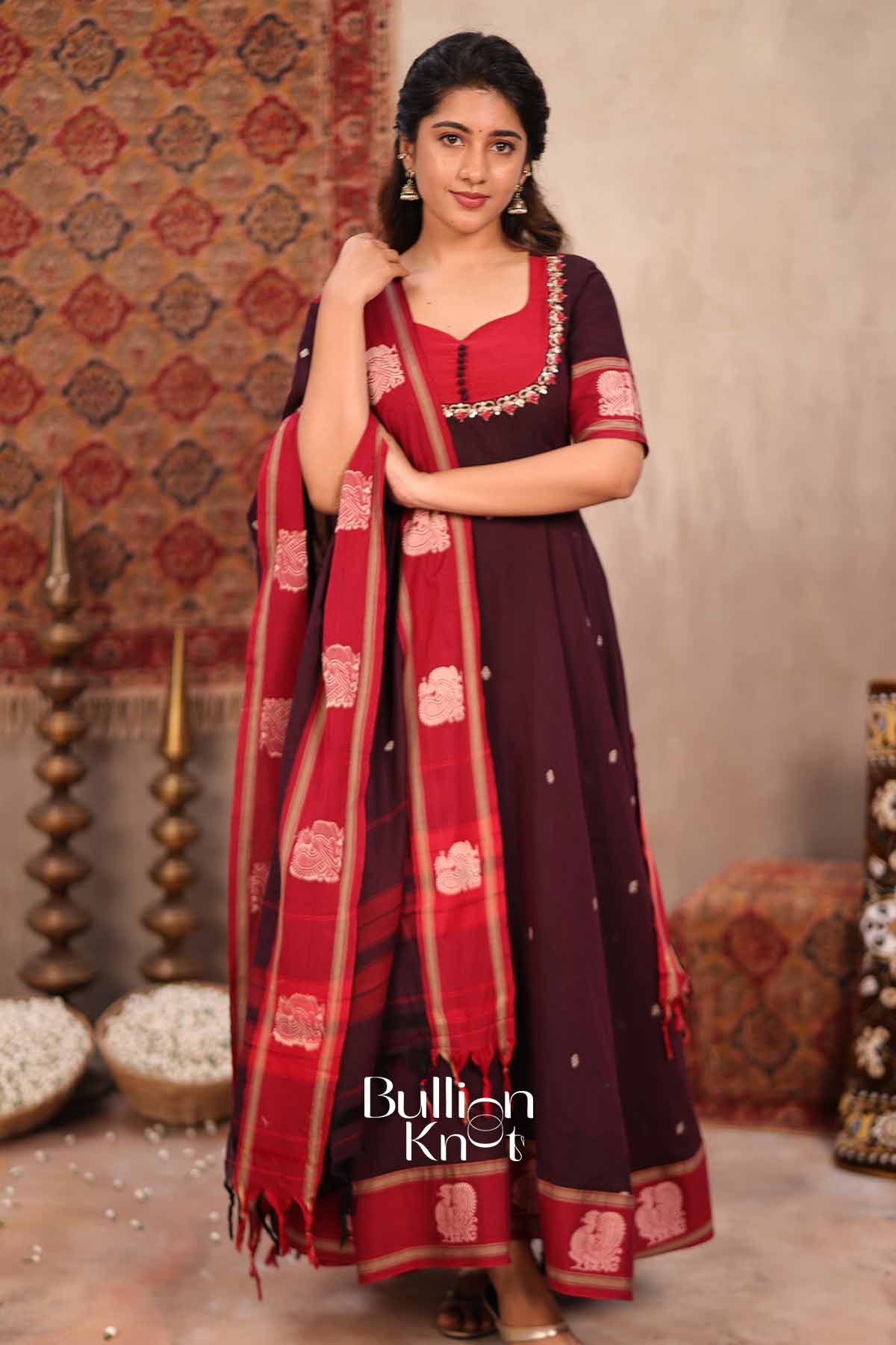 Korvai | Maroon Handloom Cotton Suit Set | Everyday Ethnic & Festive Wear