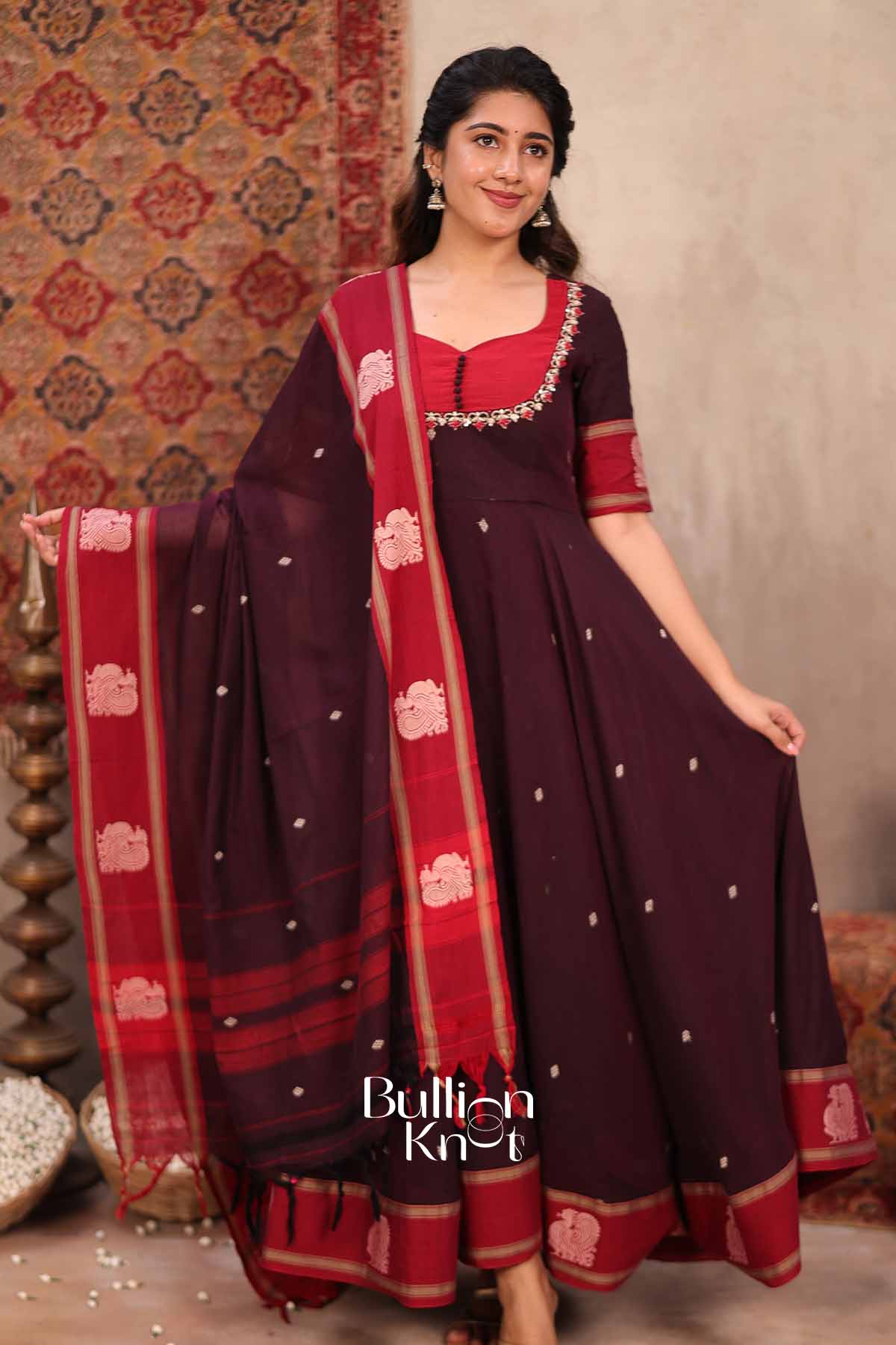 Korvai | Maroon Handloom Cotton Suit Set | Everyday Ethnic & Festive Wear