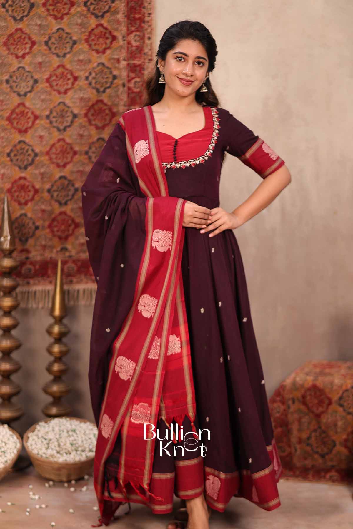 Korvai | Maroon Handloom Cotton Suit Set | Everyday Ethnic & Festive Wear
