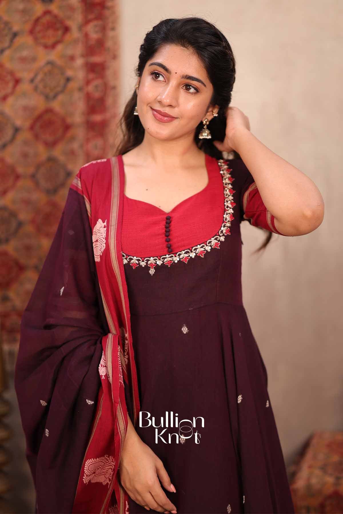Korvai | Maroon Handloom Cotton Suit Set | Everyday Ethnic & Festive Wear