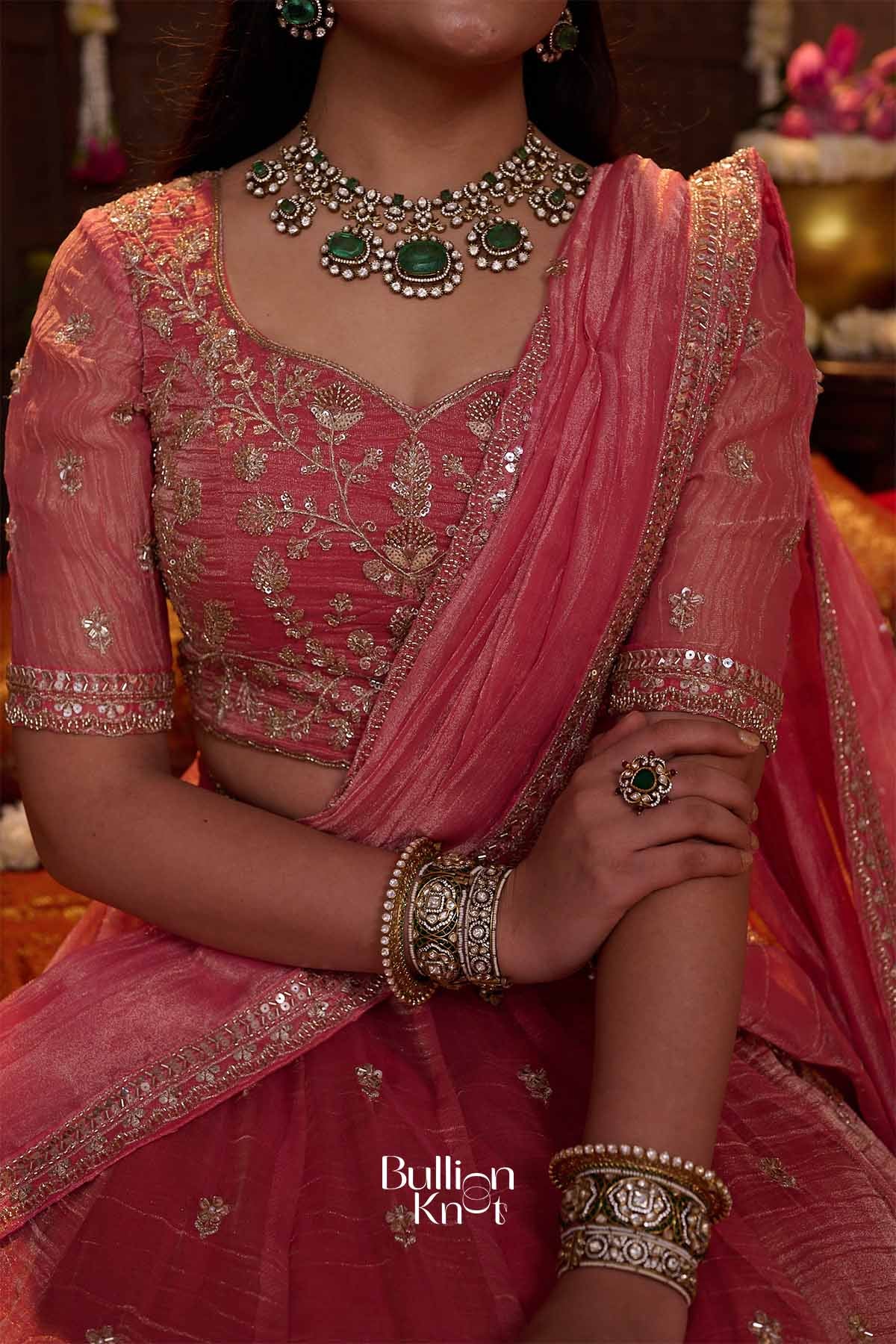 Shrija | Tissue Silk Zari Embroidered Rose Pink Pleated Lehenga Set for Weddings