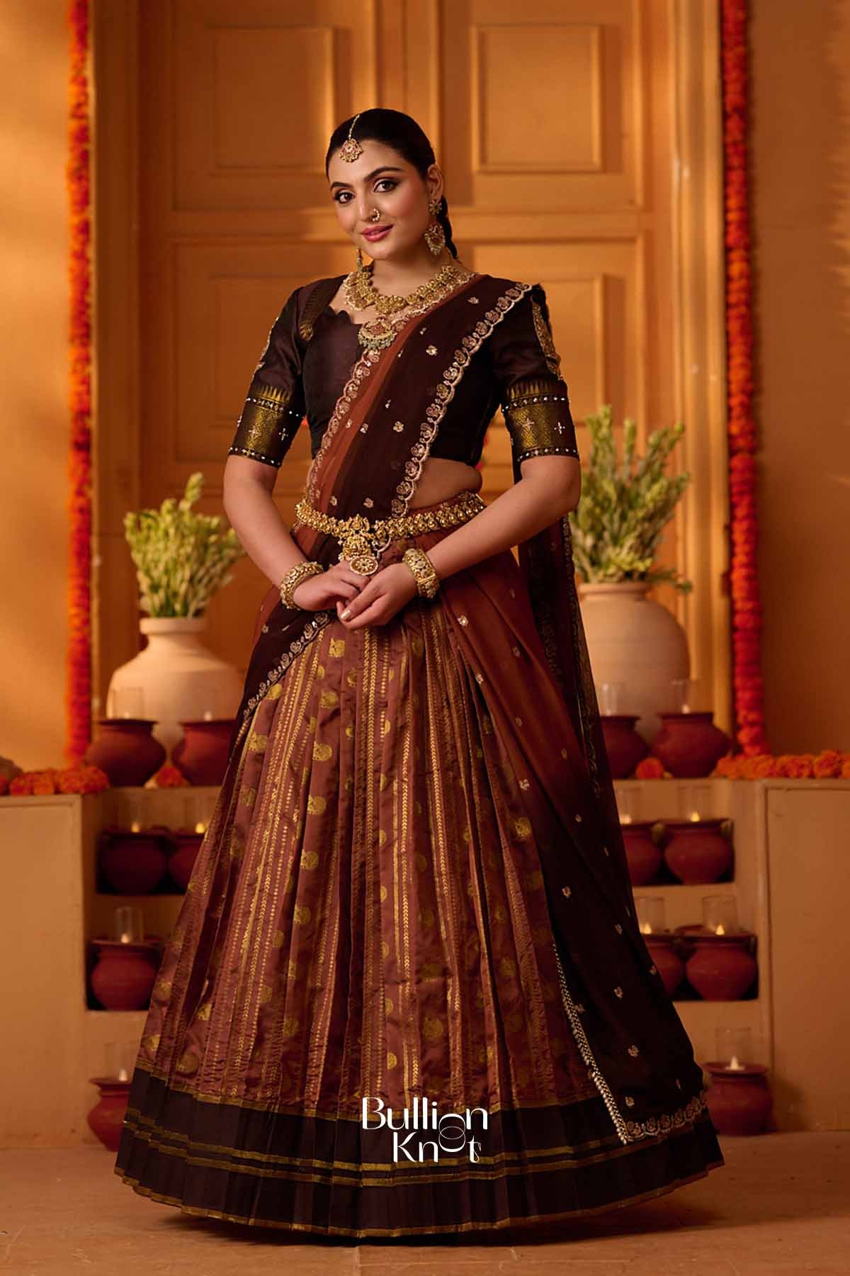 Anokhi | Banarasi Brocade Metallic Copper Brown Pleated Lehenga Set for Traditional Celebrations