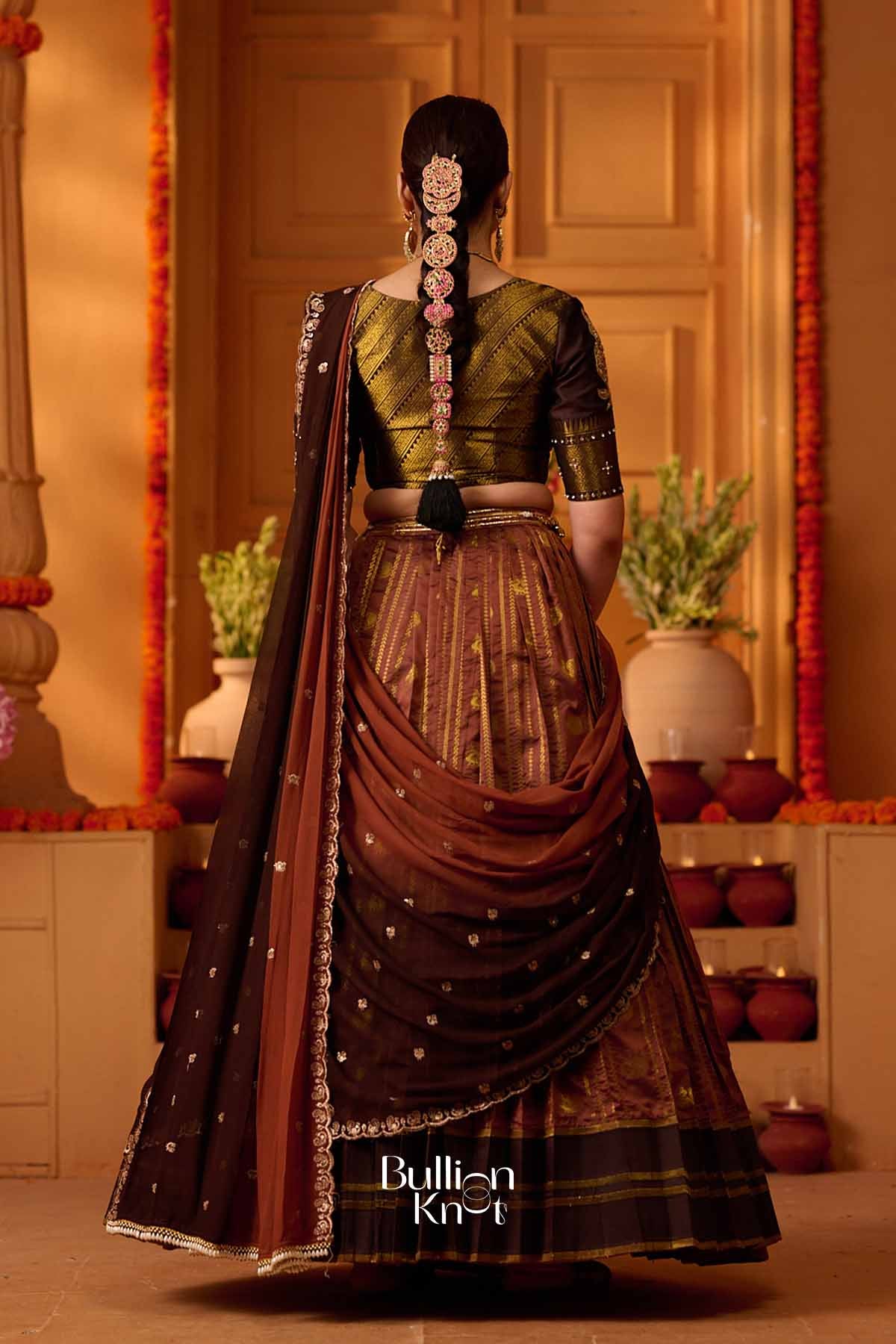 Anokhi | Banarasi Brocade Metallic Copper Brown Pleated Lehenga Set for Traditional Celebrations