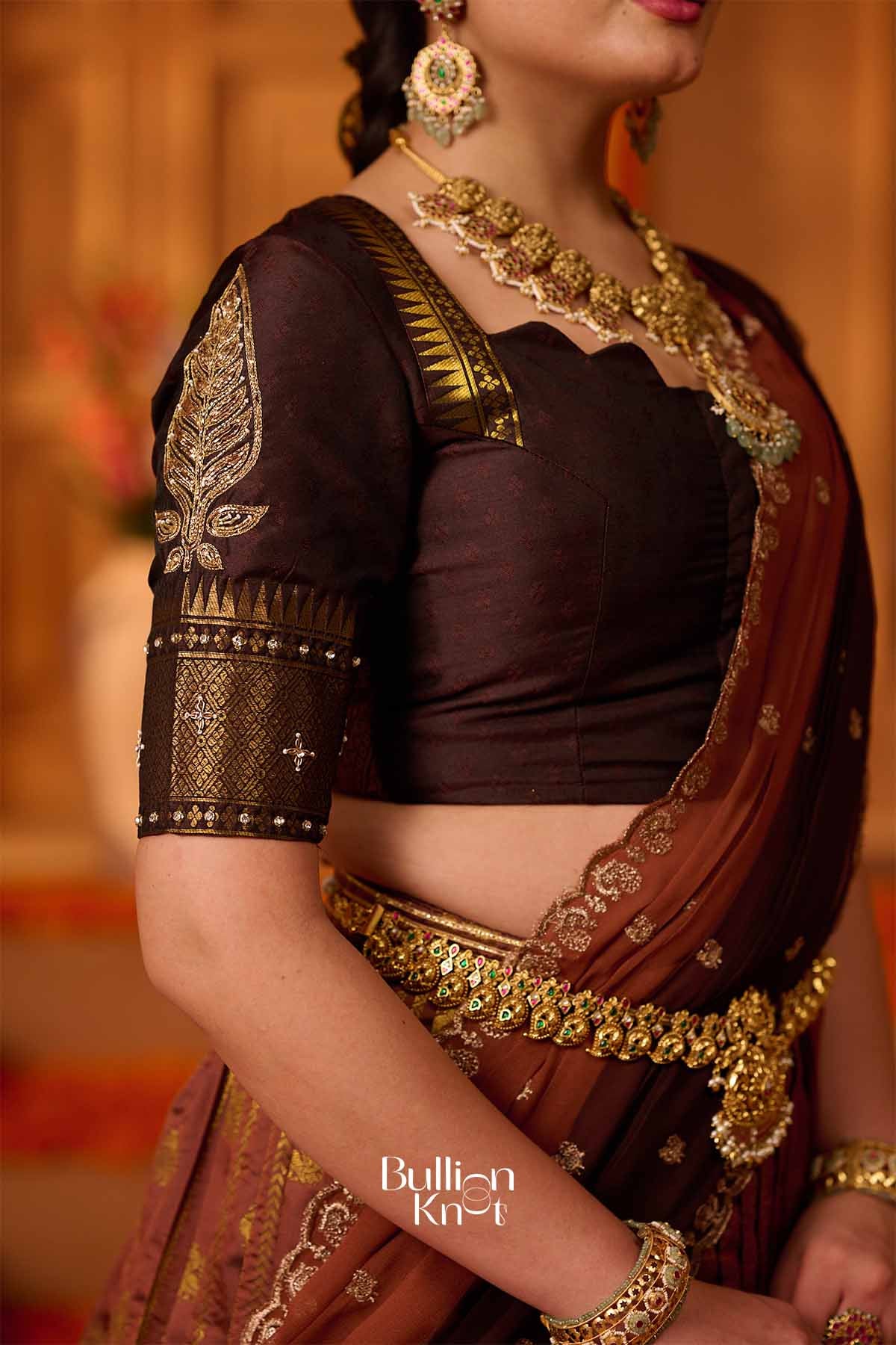 Anokhi | Banarasi Brocade Metallic Copper Brown Pleated Lehenga Set for Traditional Celebrations