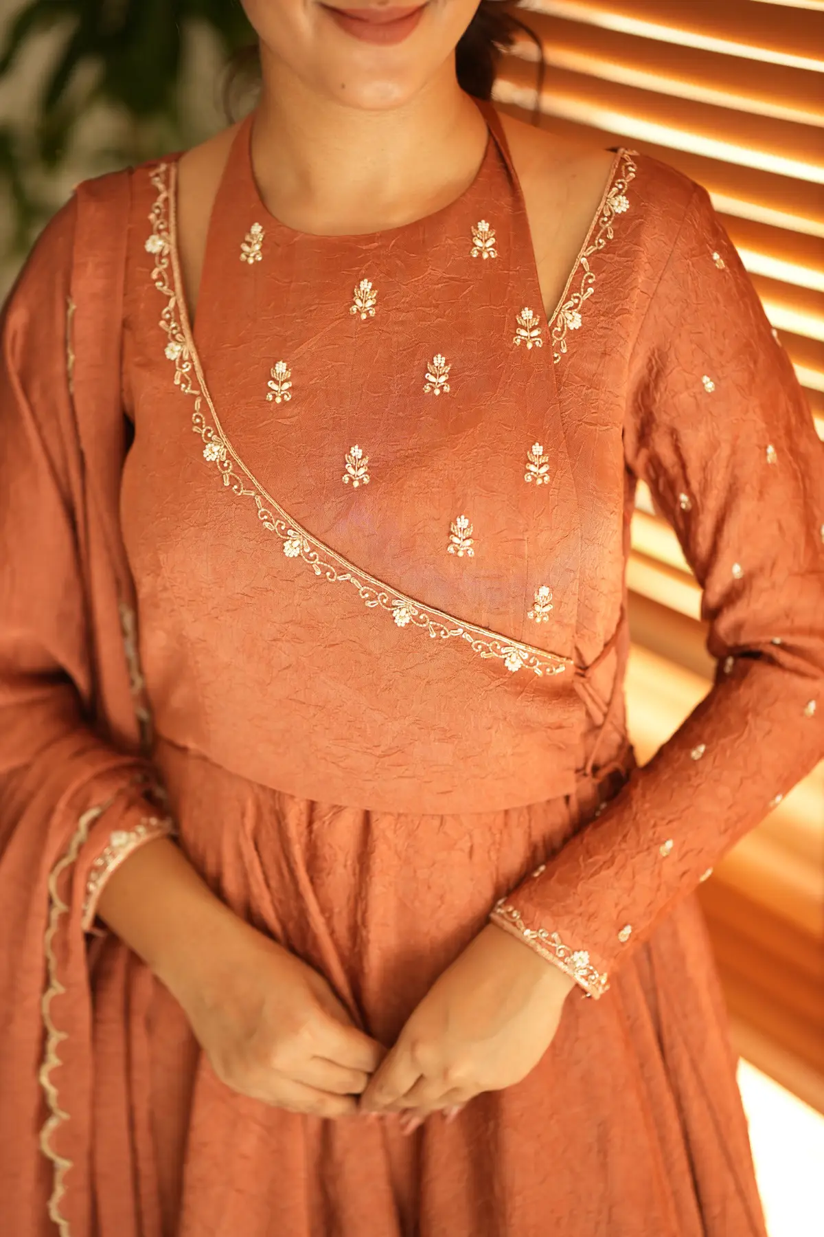 Sumedha Crush space silk Dress in Rust