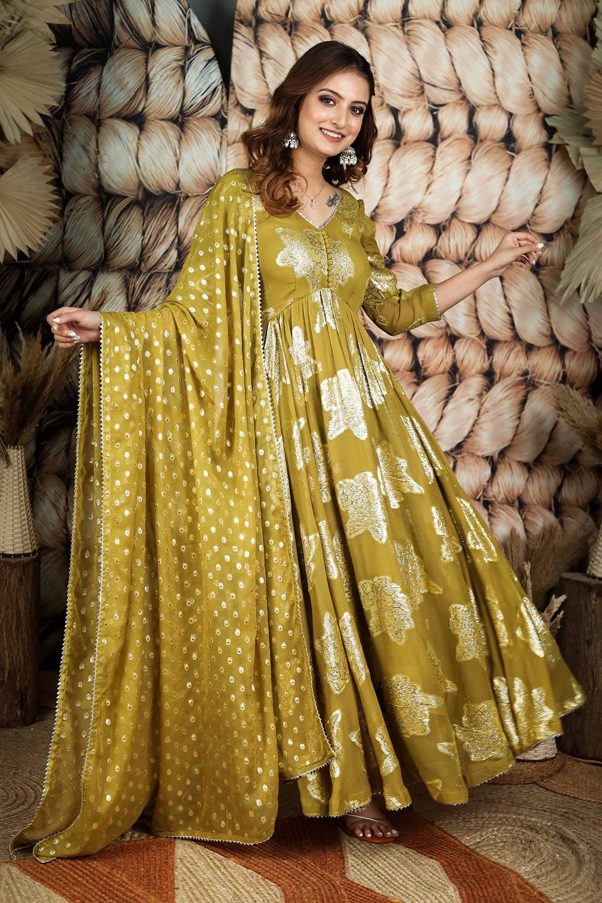 Buy Olive Jeqcard Anarkali Dress