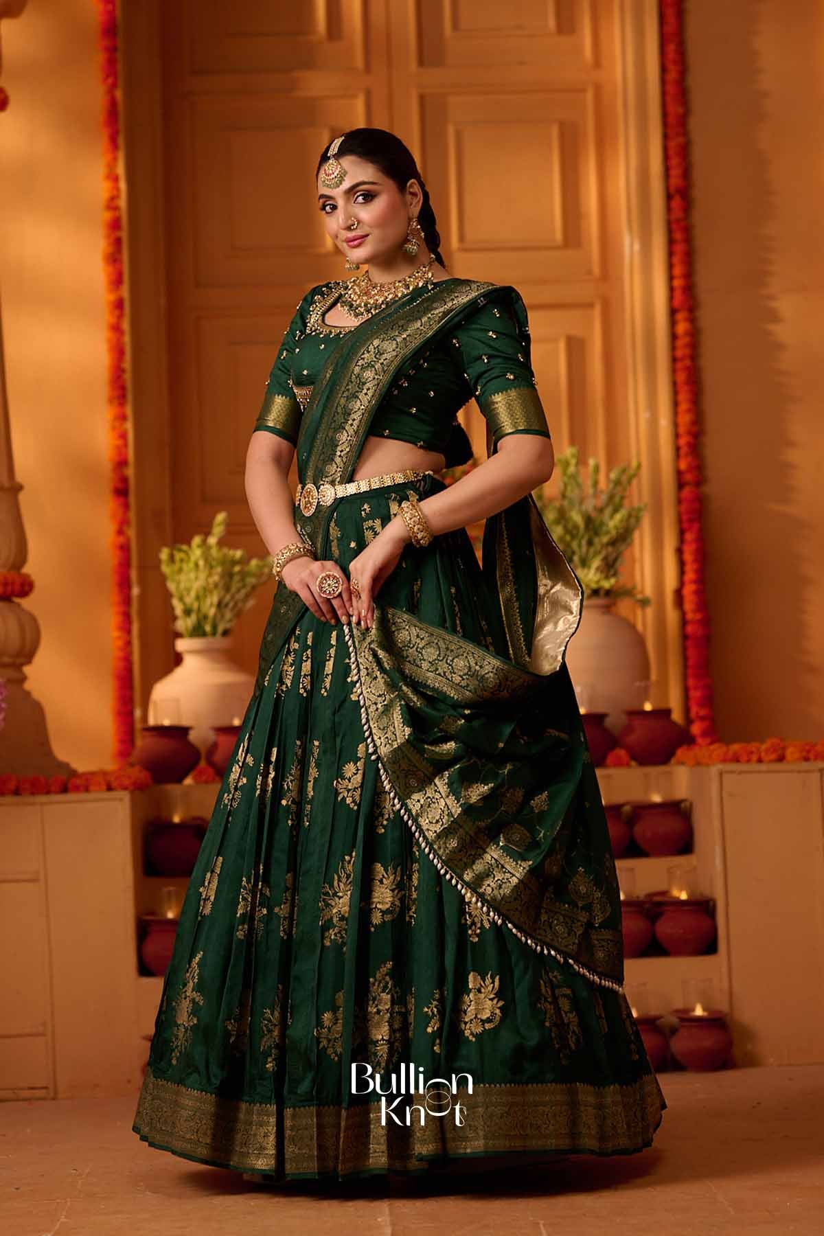 HaraZari | Viscos Bottle Green Pleated Lehenga Set for Festive