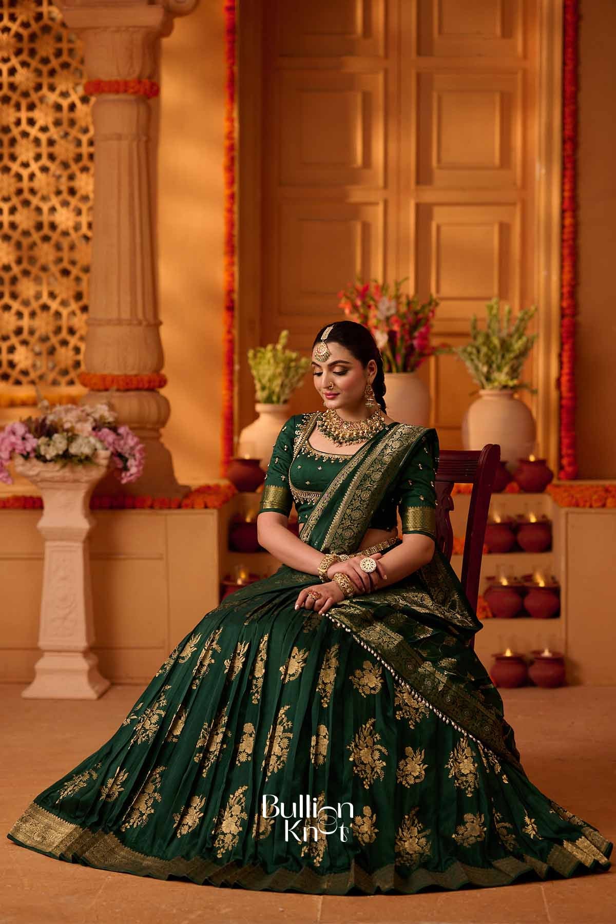 HaraZari | Viscos Bottle Green Pleated Lehenga Set for Festive