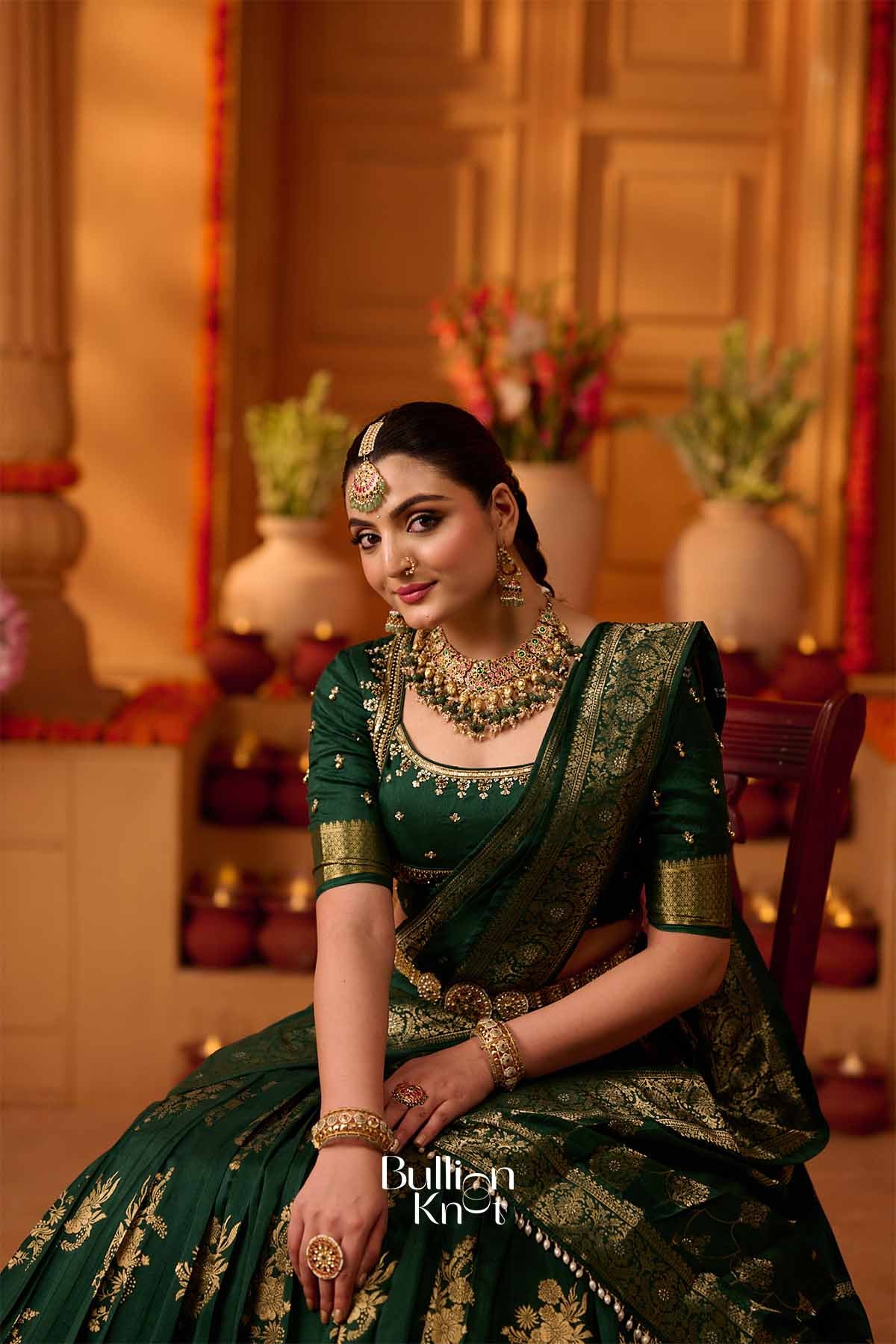 HaraZari | Viscos Bottle Green Pleated Lehenga Set for Festive