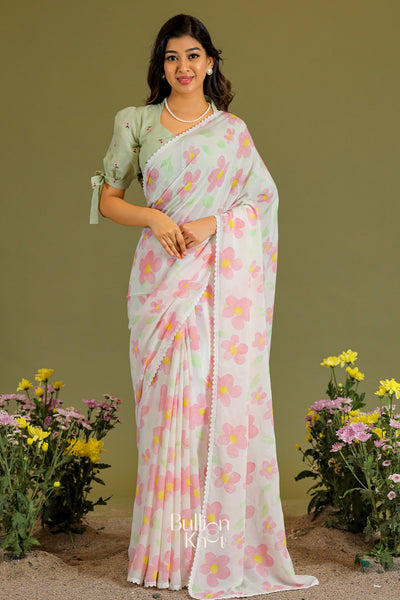 Phool Podha Saree in Pista & White
