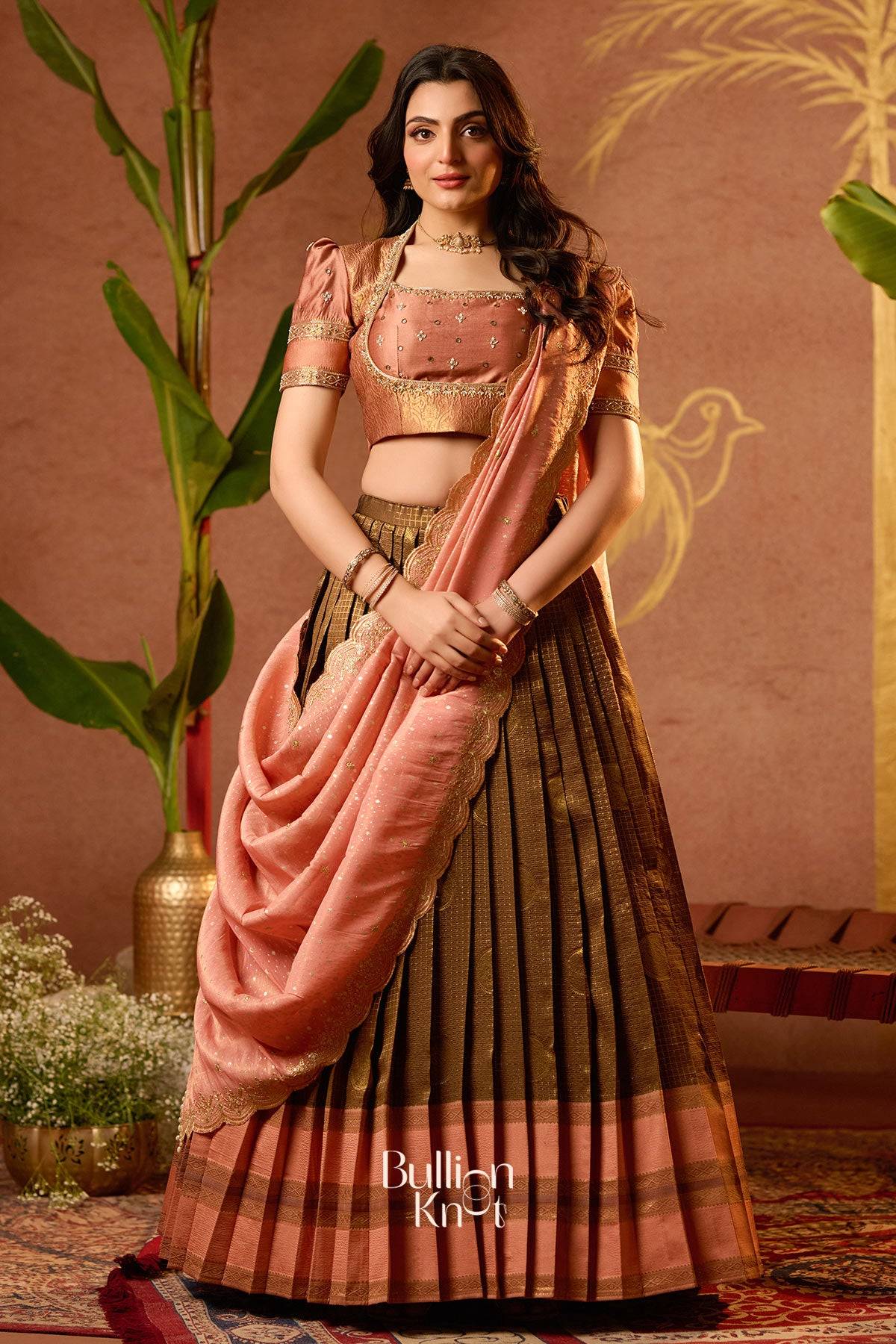 Tamannaah Copper Mirror Work Lehenga Set S / Peach