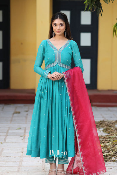 Ratrani Georgette Anarkali Suit Set in Teal Blue