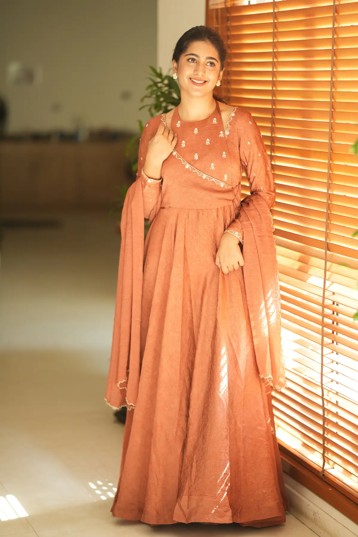 Sumedha Crush space silk Dress in Rust