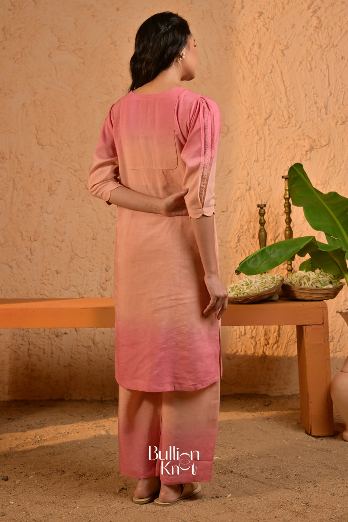 Peach Pankh Linen Kurta Set (Dress) in Ombre