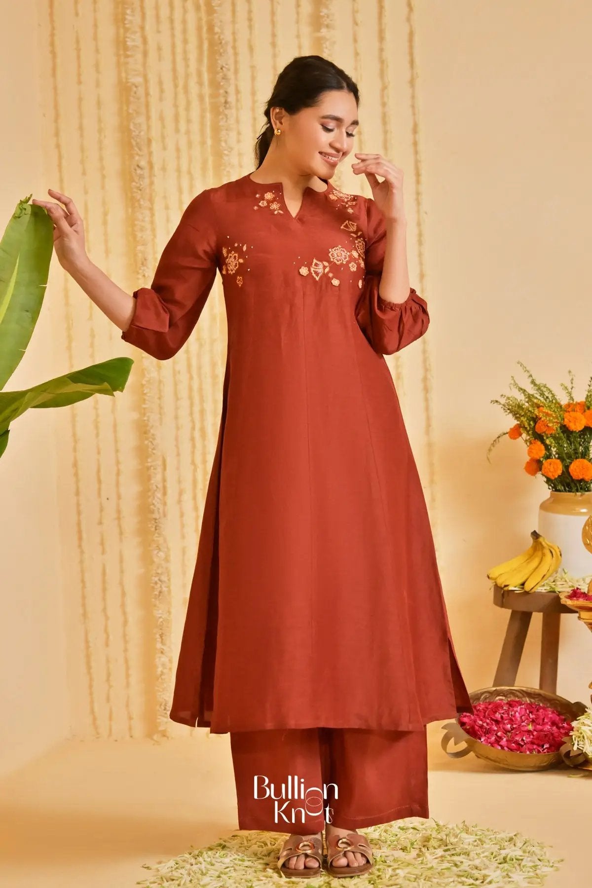 Mehkaa Rang Linen Kurta Set (Dress) In Rust Brown