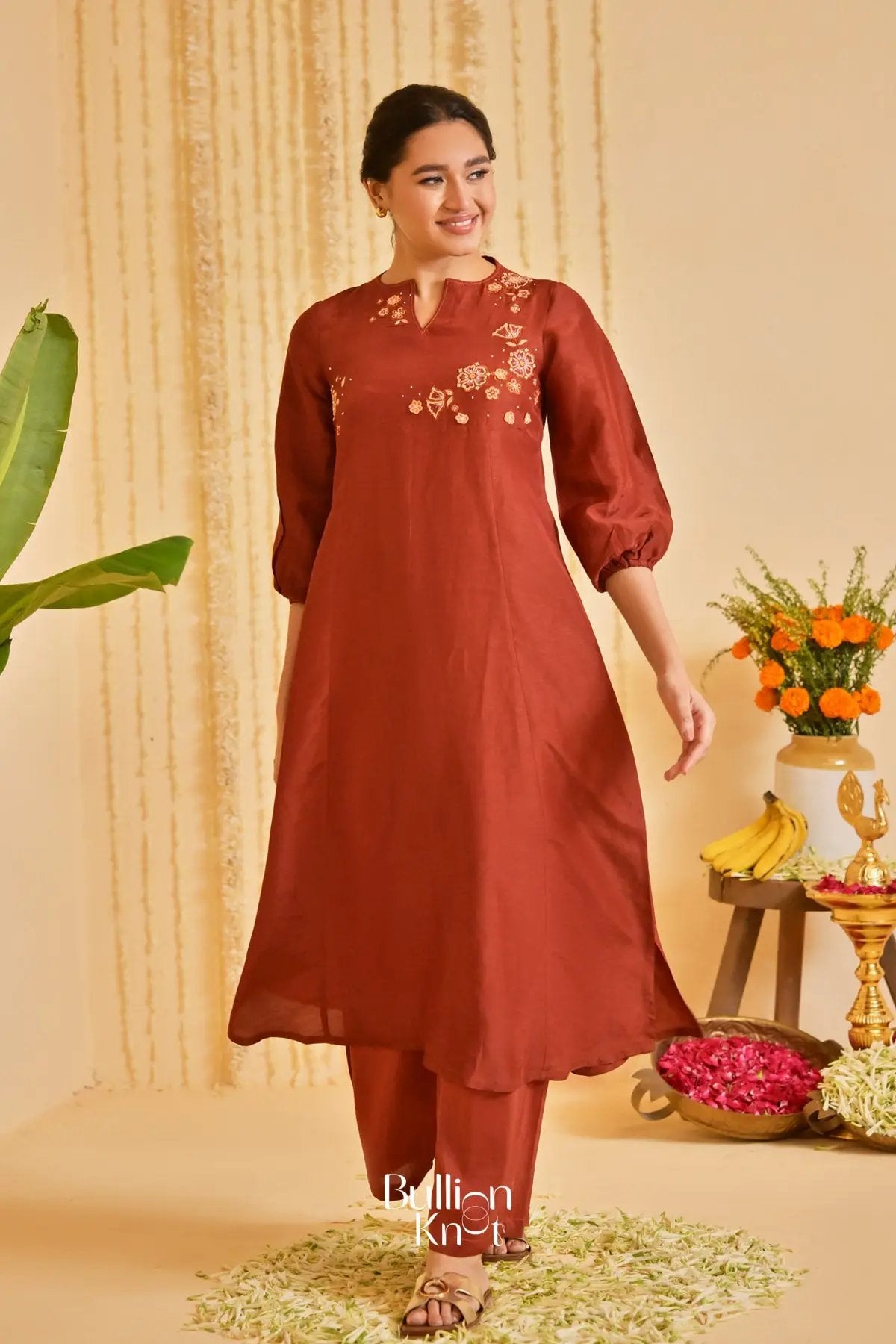 Mehkaa Rang Linen Kurta Set (Dress) In Rust Brown