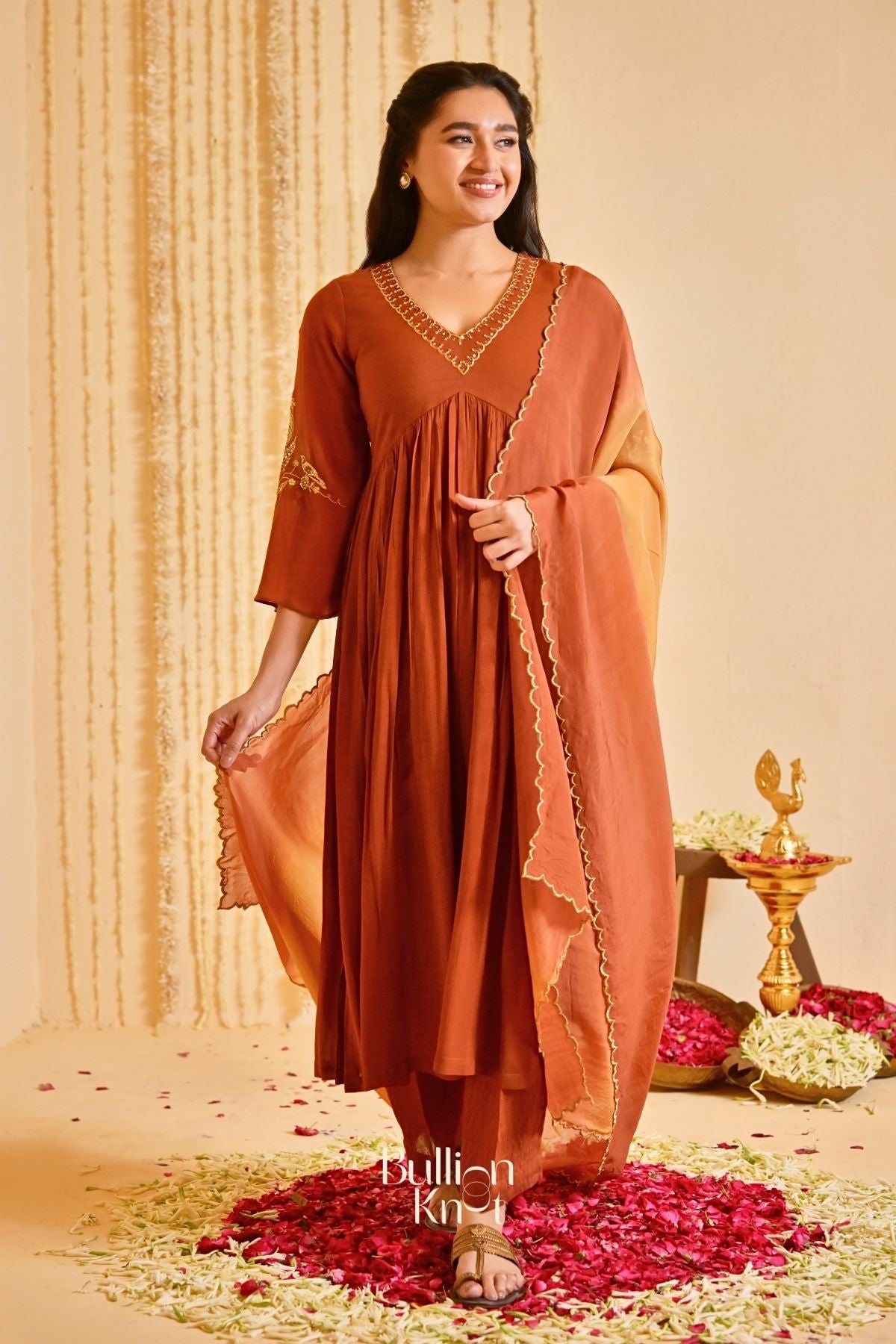 Resham Rustika Brown Bell Sleeves Suit Set (Dress) M / Brown Resham Rustika Brown Bell Sleeves Suit Set (Dress) M / Brown