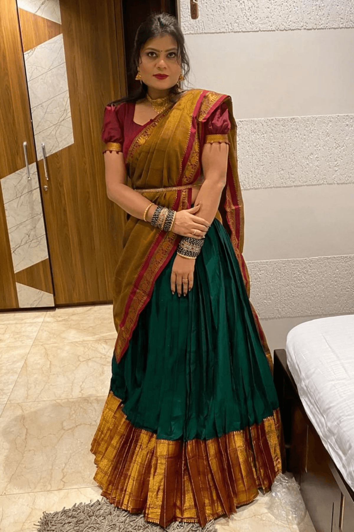 Devara Handloom Half Saree in Green