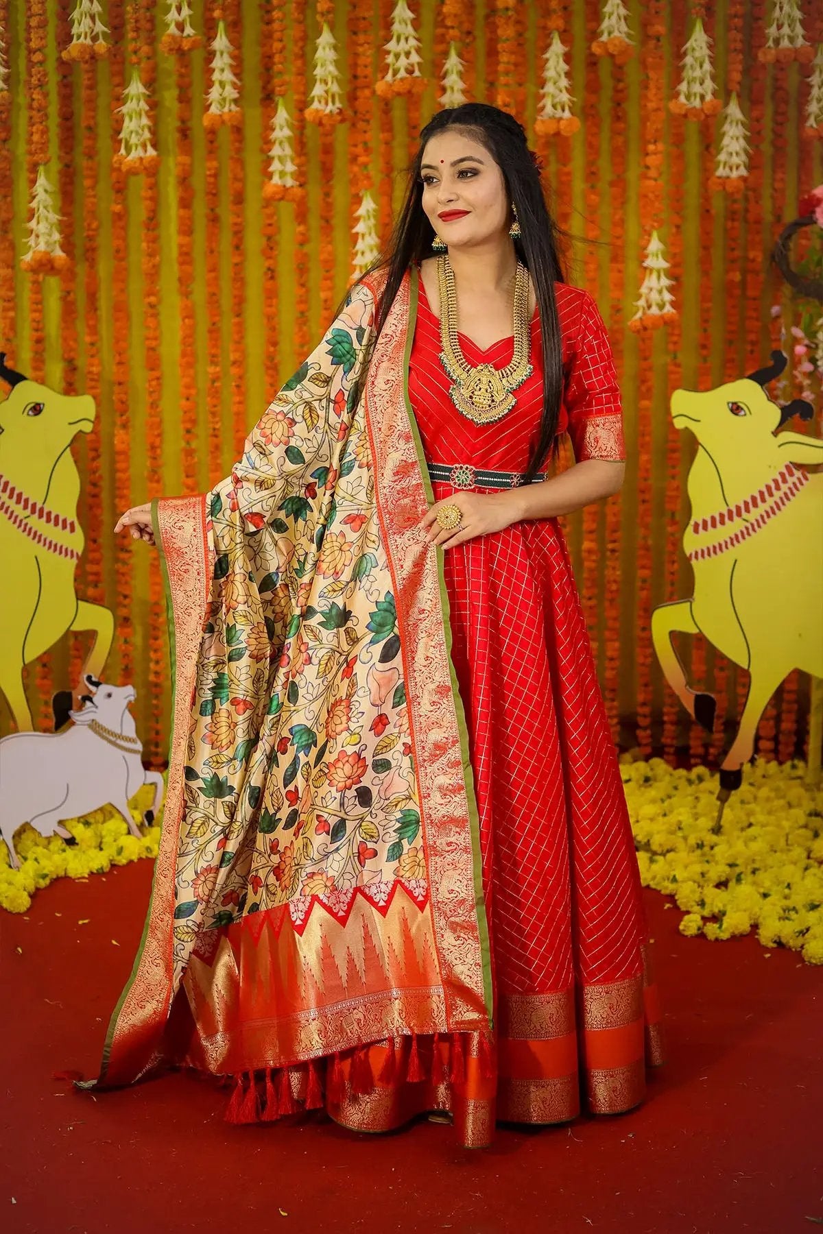 red Sashirekha Pattu Gown - Bullionknot
