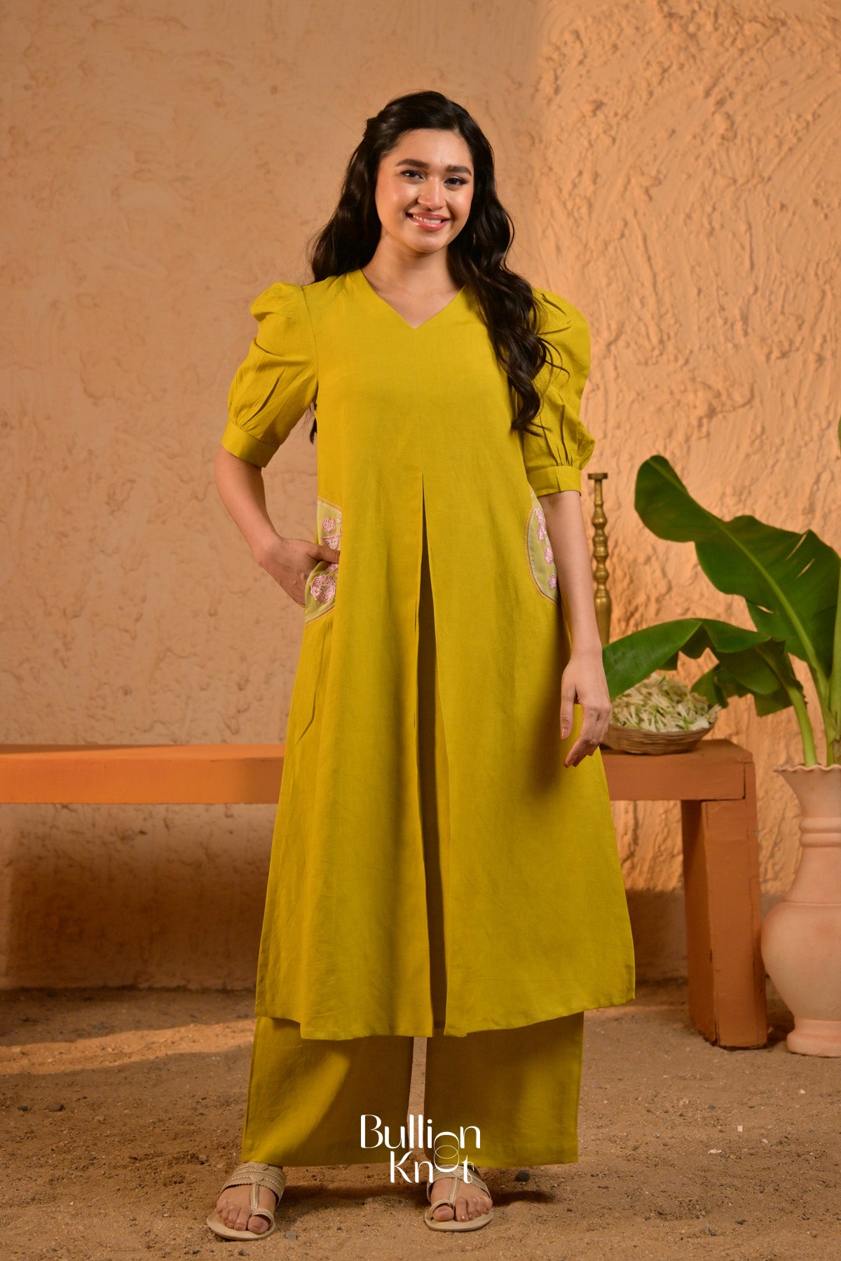 Aabha Pocketplay Linen Kurta Set (Dress) in Lime Green