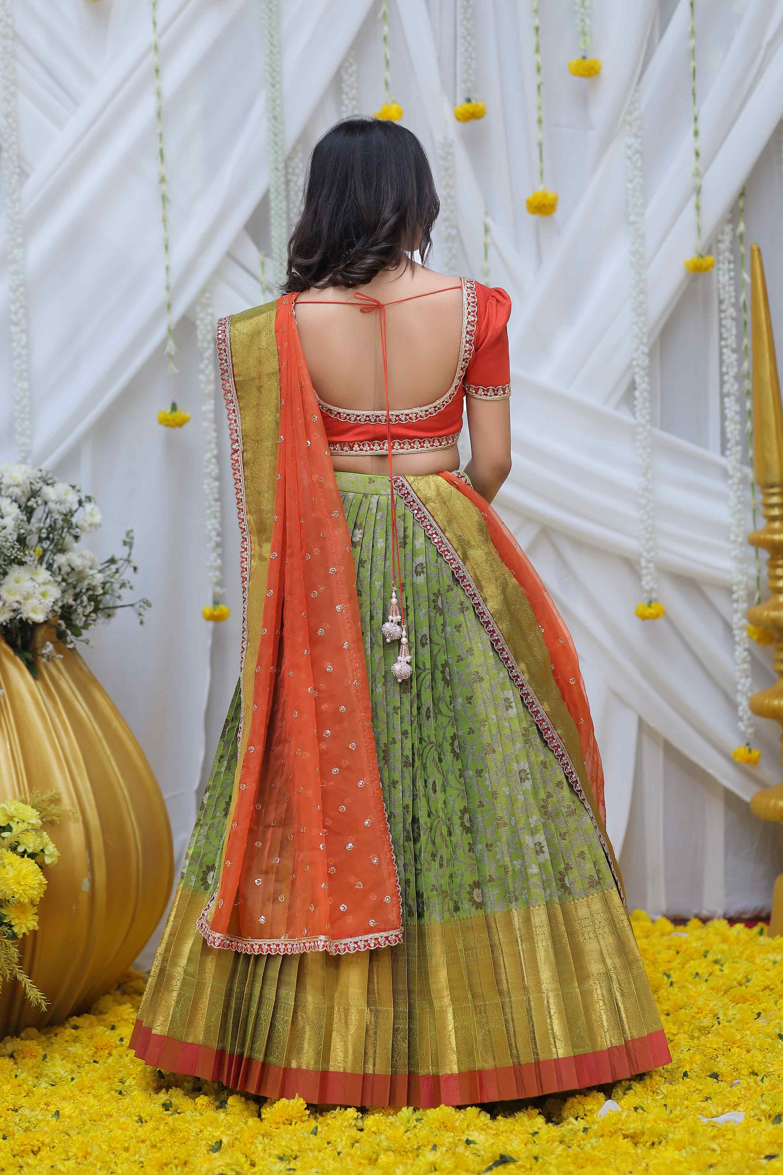 green and orange banarasi half saree