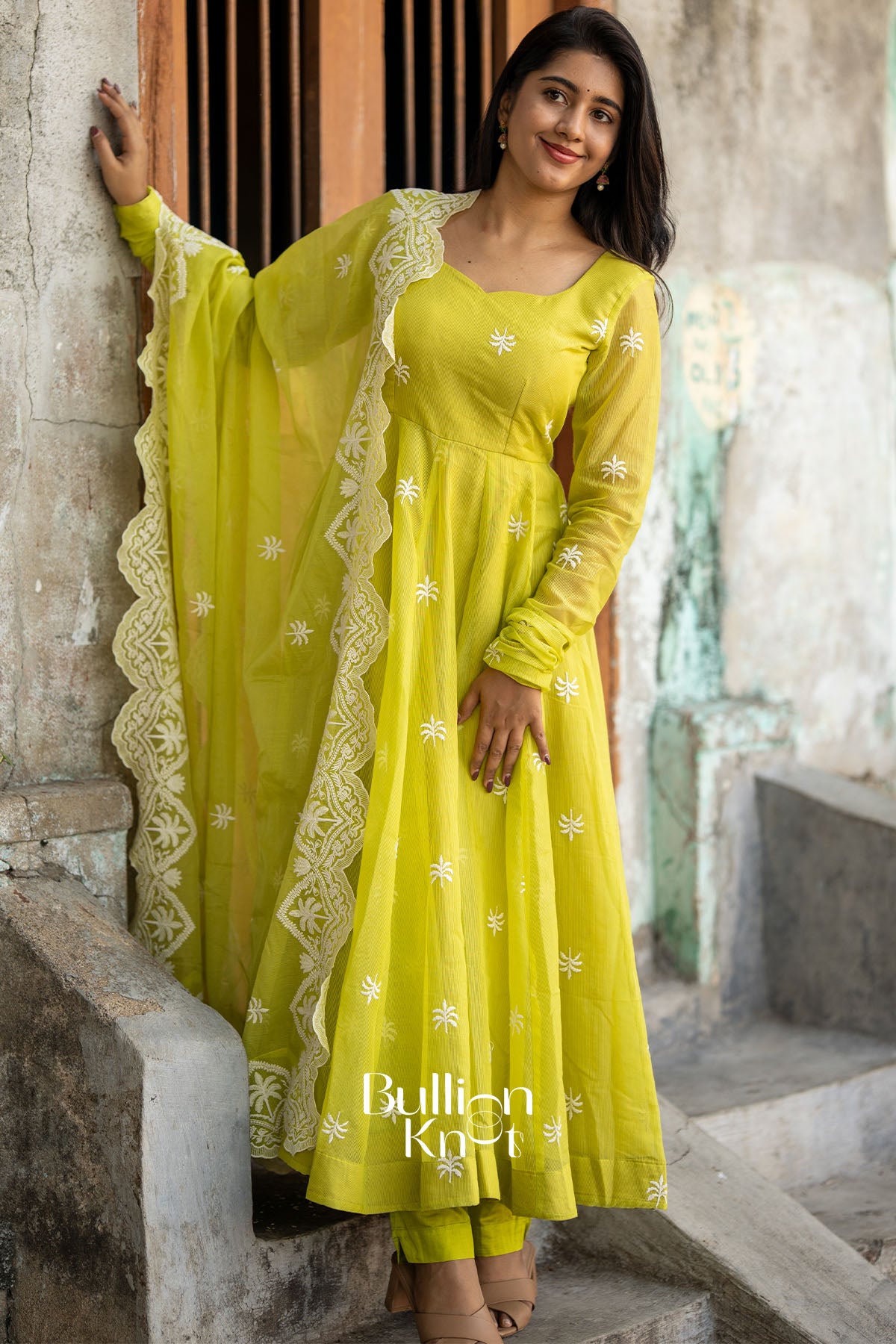 Lime Sunaina Kota embroidery Anarkali Suit Set L / Lime Yellow