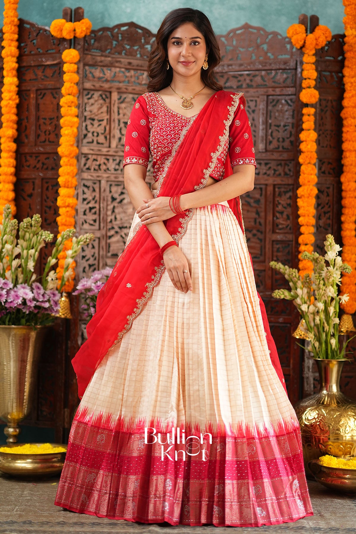 Mahima Red Checks Pattu Lehenga Set