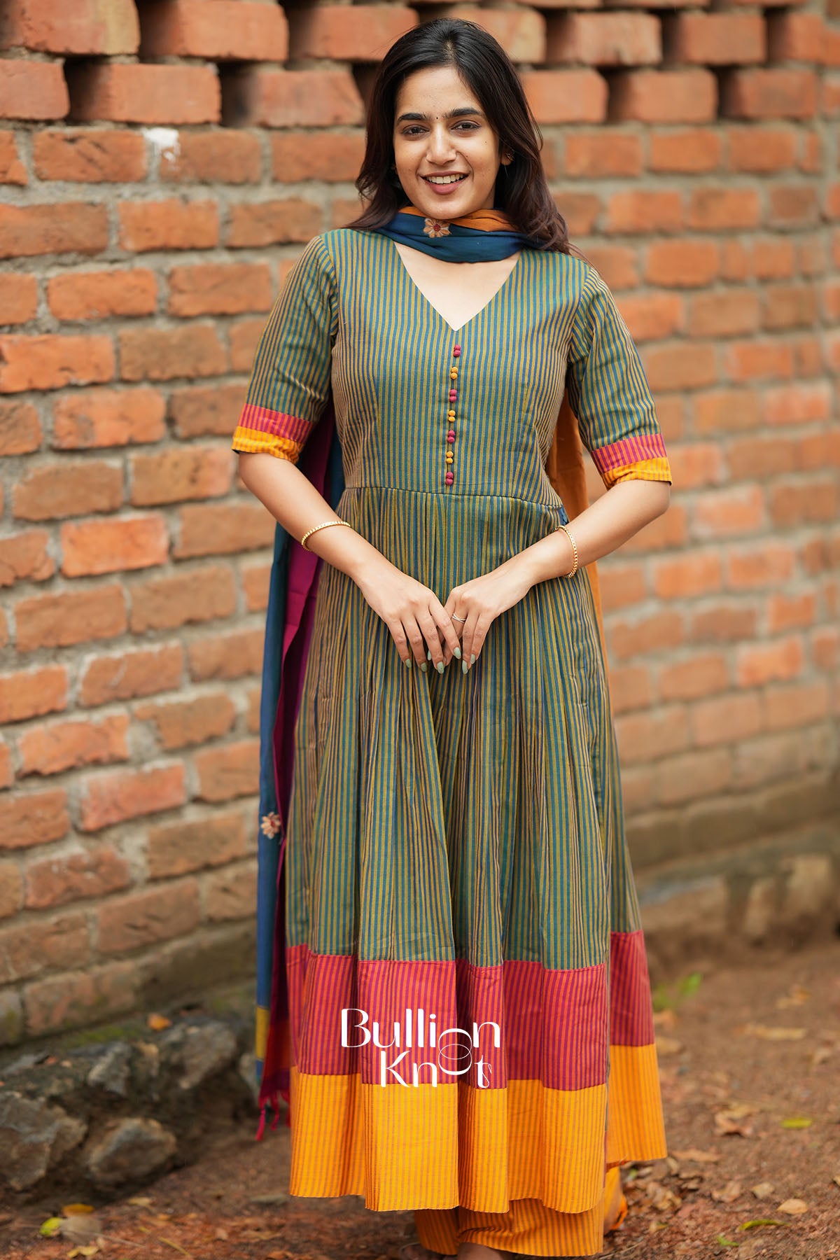 Virasat Teal Green Strip Handloom Kurta Set