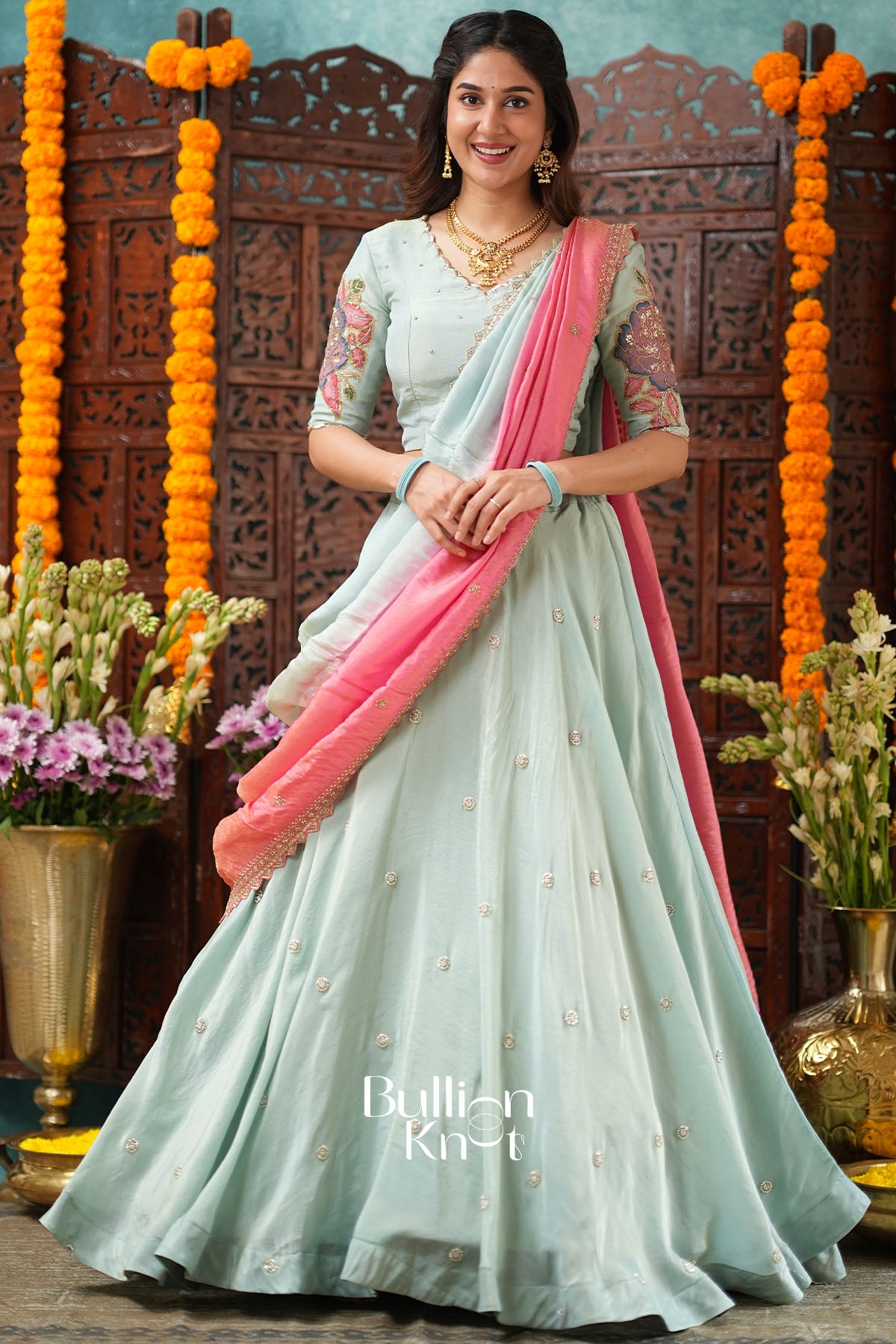 Jalrangi Aqua Blue Tissue kalamkari Lehenga Set