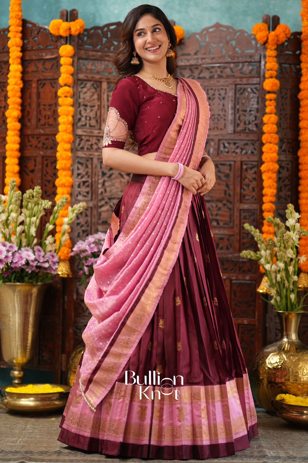Kanakvalli Banarasi Natural Crep Maroon Lehenga Set