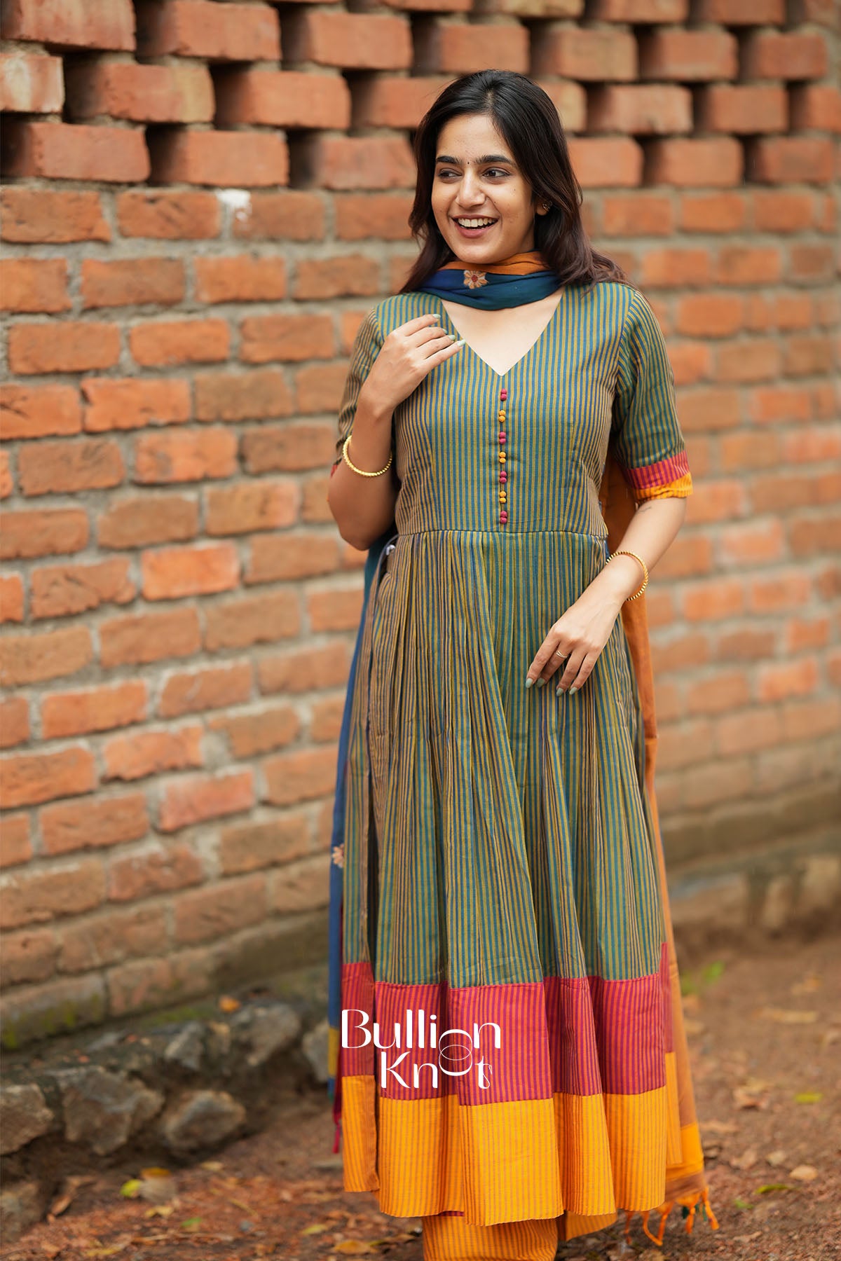 Virasat Teal Green Strip Handloom Kurta Set