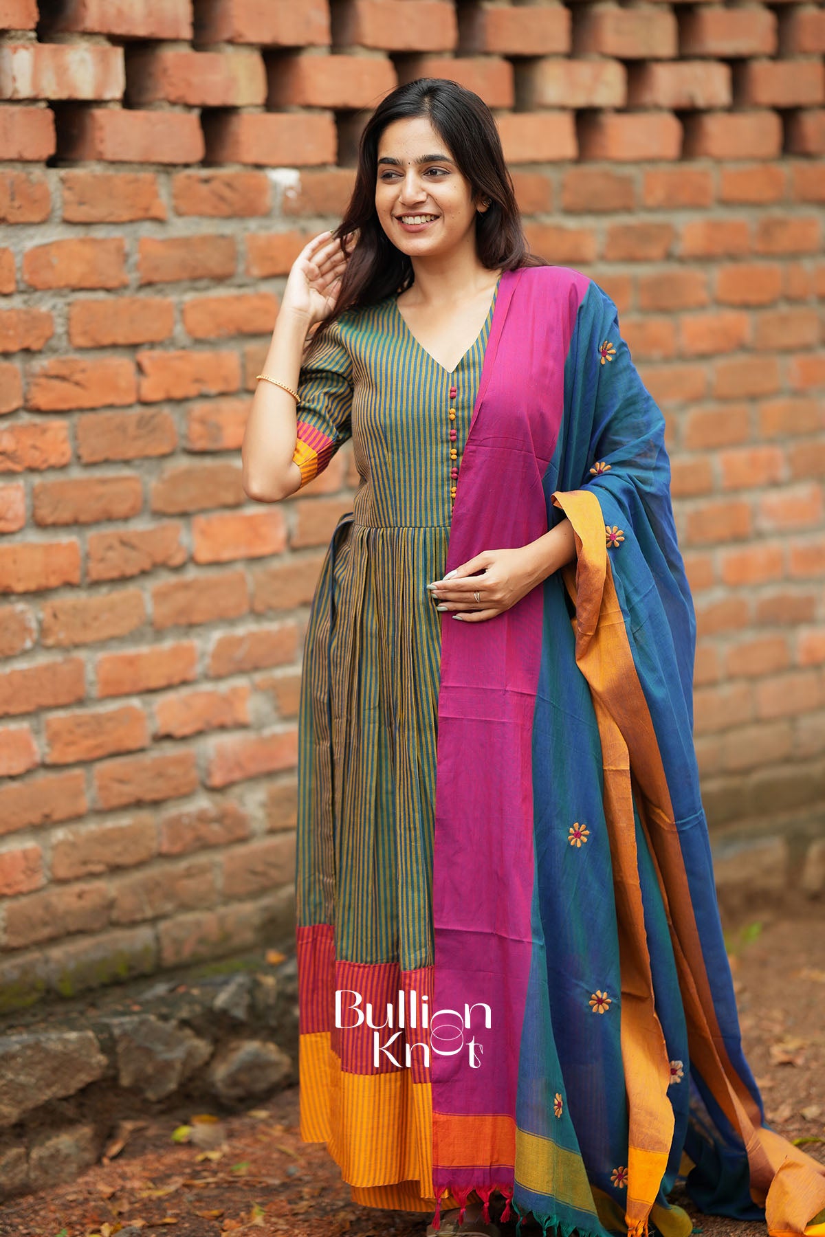 Virasat Teal Green Strip Handloom Kurta Set