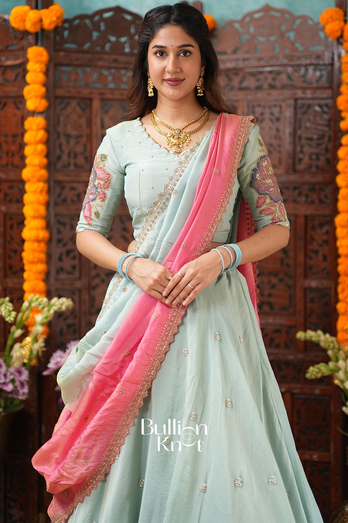 Jalrangi Aqua Blue Tissue kalamkari Lehenga Set