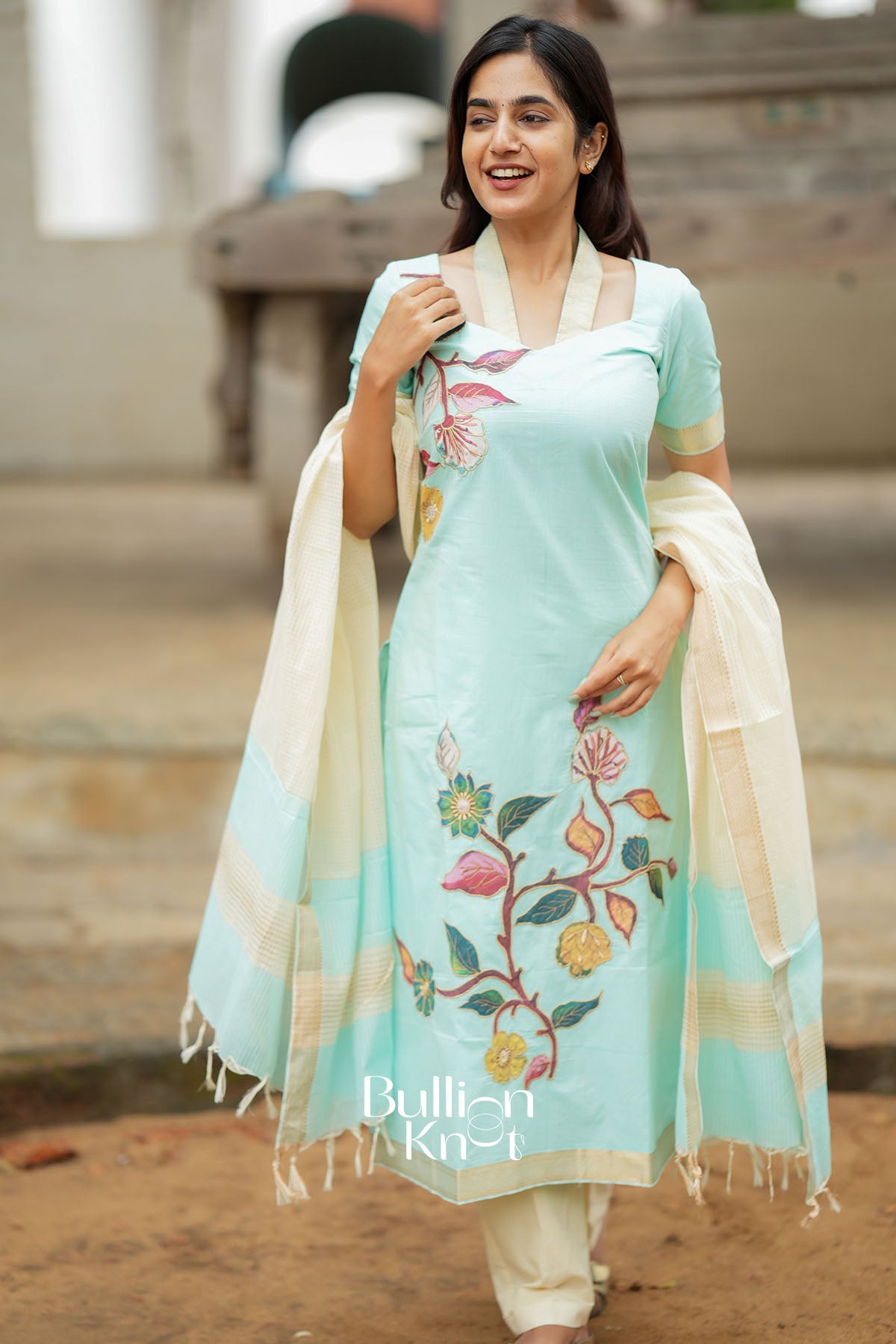 Aqua Mangalagiri Cotton Kurta Set with Dupatta
