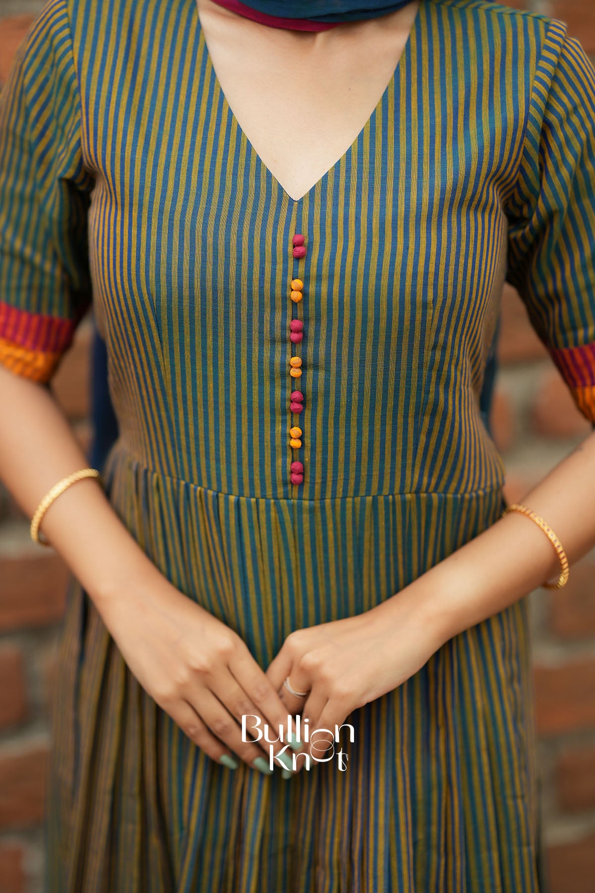 Virasat Teal Green Strip Handloom Kurta Set