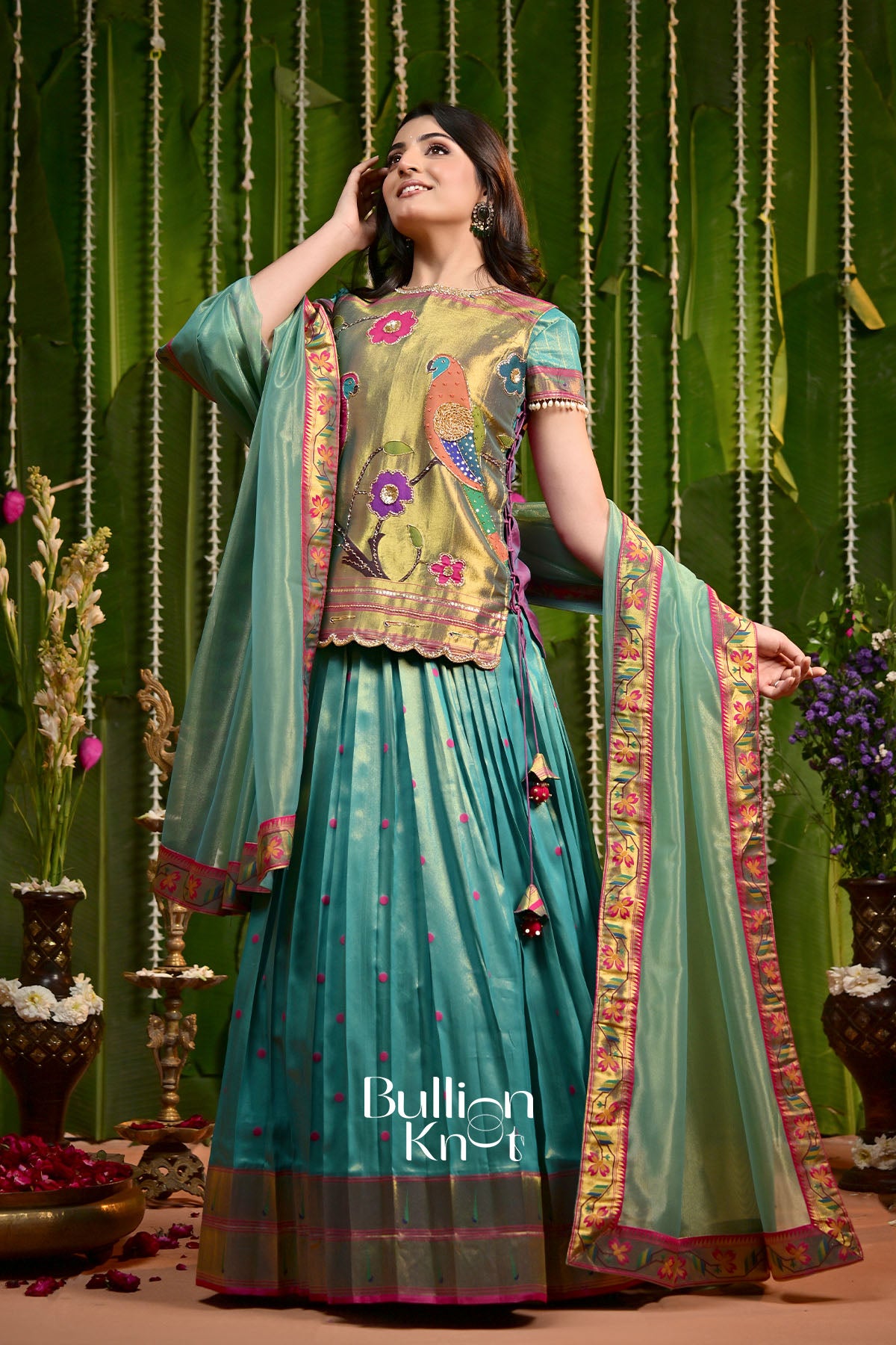 Morni Paithani Vermilion Blue-Green Silk Lehenga set with Jacket