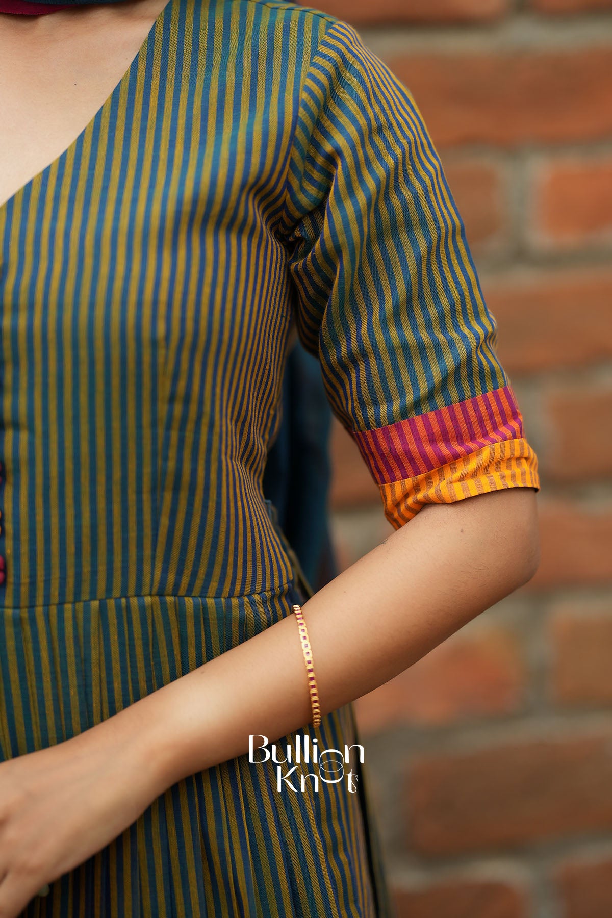 Virasat Teal Green Strip Handloom Kurta Set