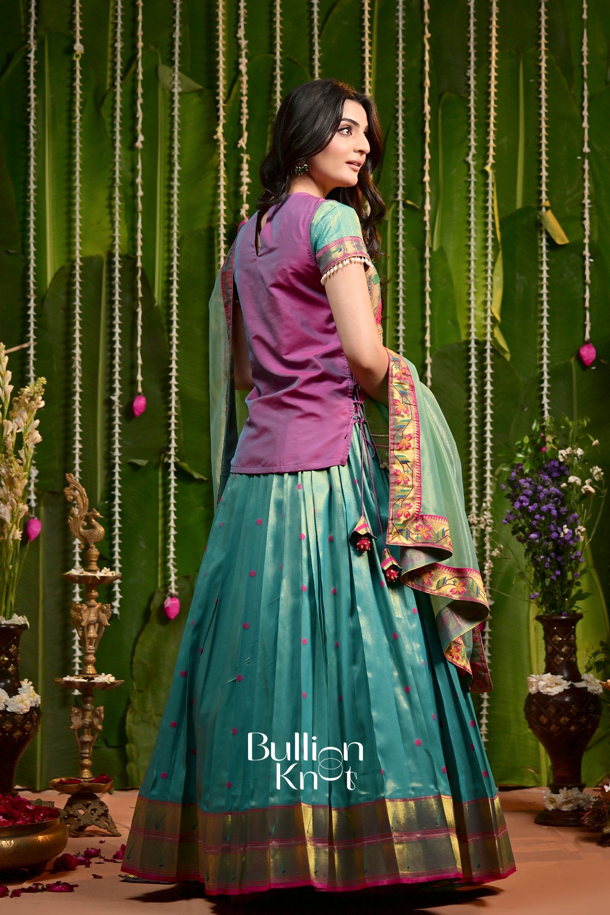 Morni Paithani Vermilion Blue-Green Silk Lehenga set with Jacket