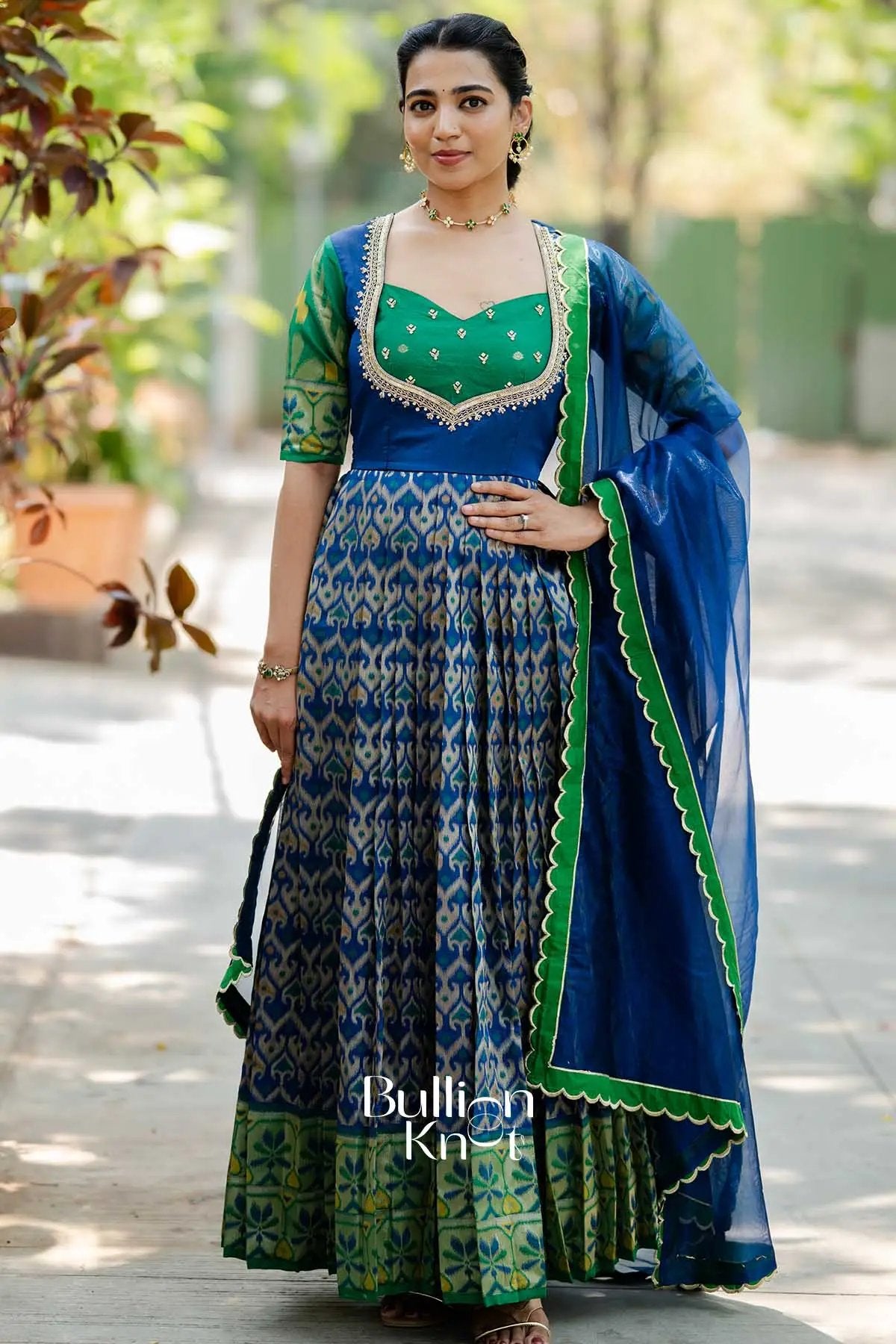 Morbagh | Navy Ikat Silk Anarkali Suit Set for Festive