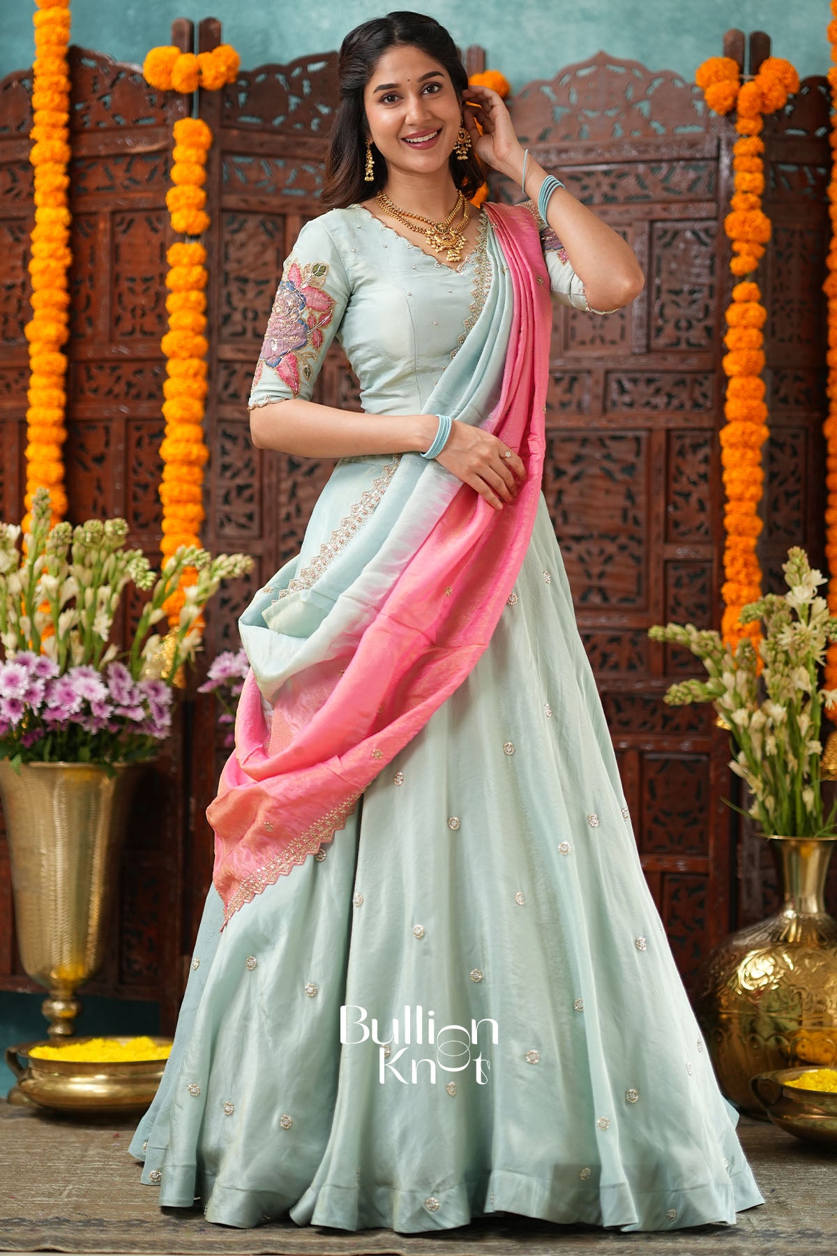 Jalrangi Aqua Blue Tissue kalamkari Lehenga Set