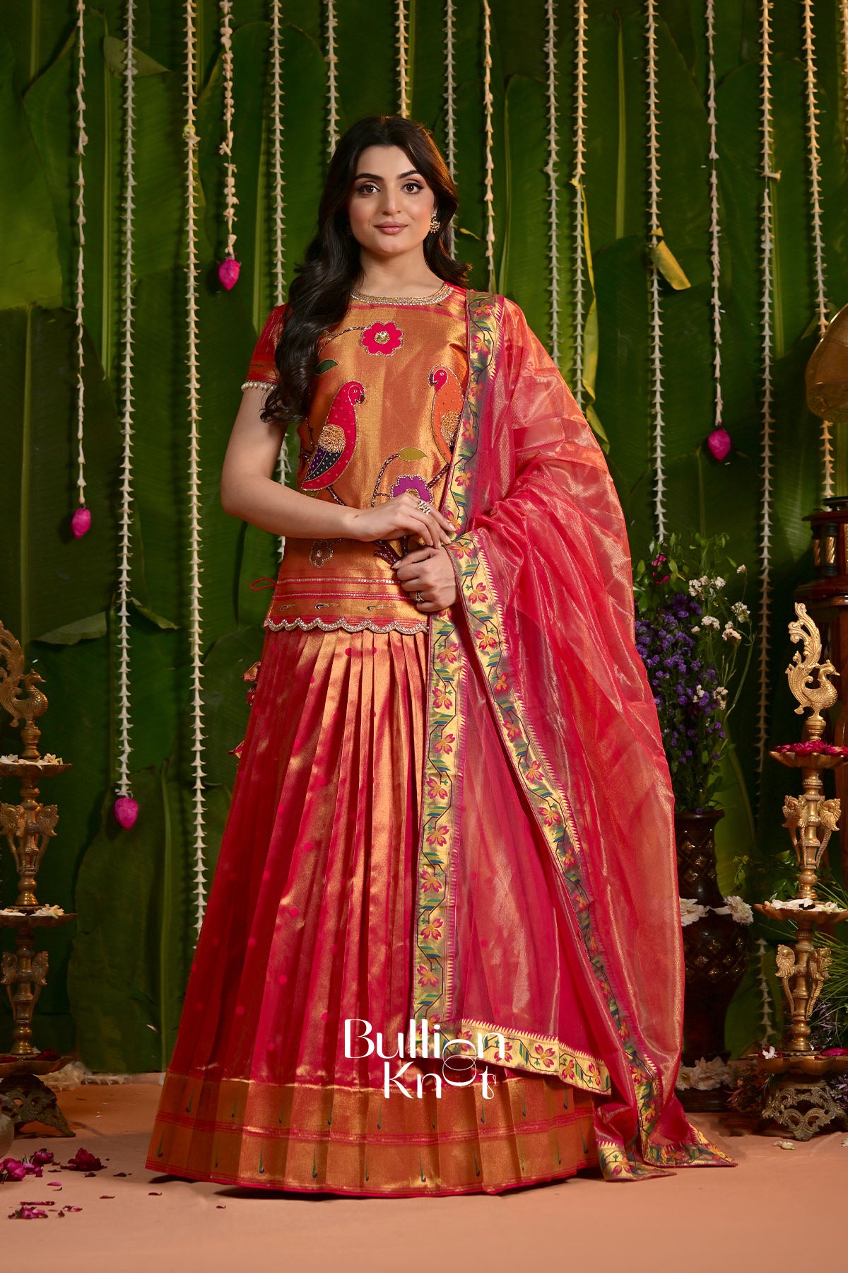Rajwadi Paithani Vermilion Red Silk Lehenga set with Jacket