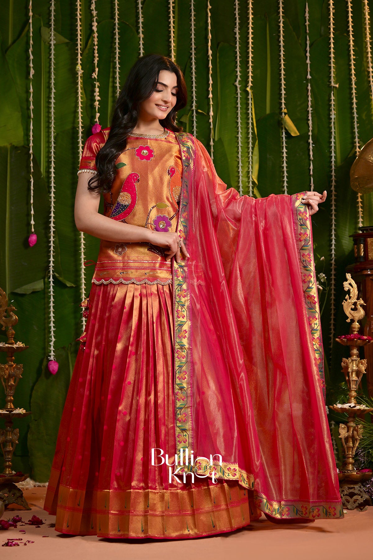 Rajwadi Paithani Vermilion Red Silk Lehenga set with Jacket