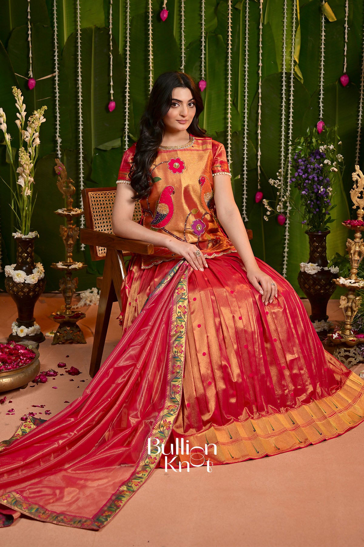 Rajwadi Paithani Vermilion Red Silk Lehenga set with Jacket